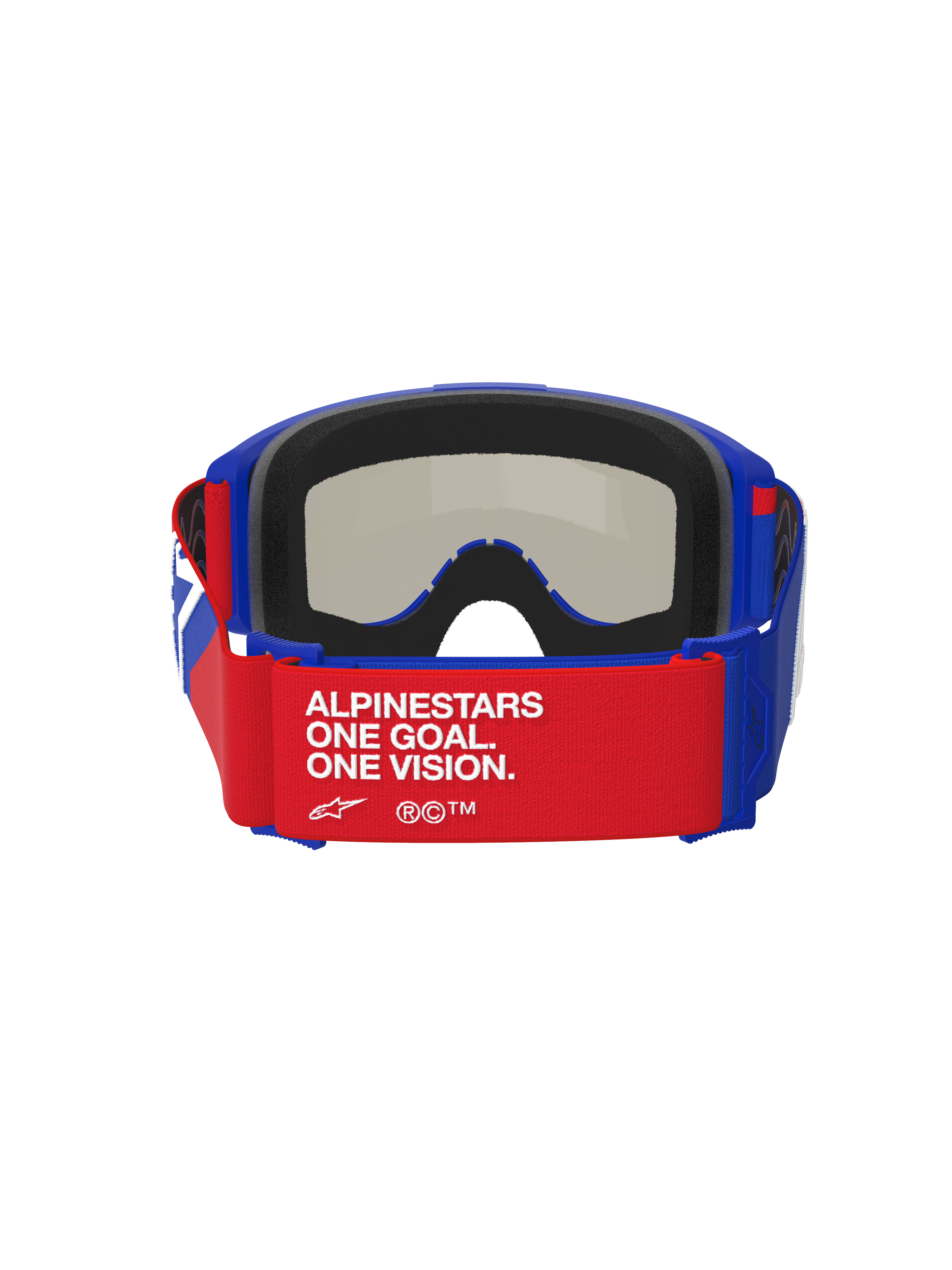 Alpinestars Vision Sand Goggles, Blue Red and White, rear view featuring a red strap with white 'ALPINESTARS ONE GOAL. ONE VISION.' text, blue frame with thick black foam padding, dark smoke lens visible from the inside, high-performance motocross goggles