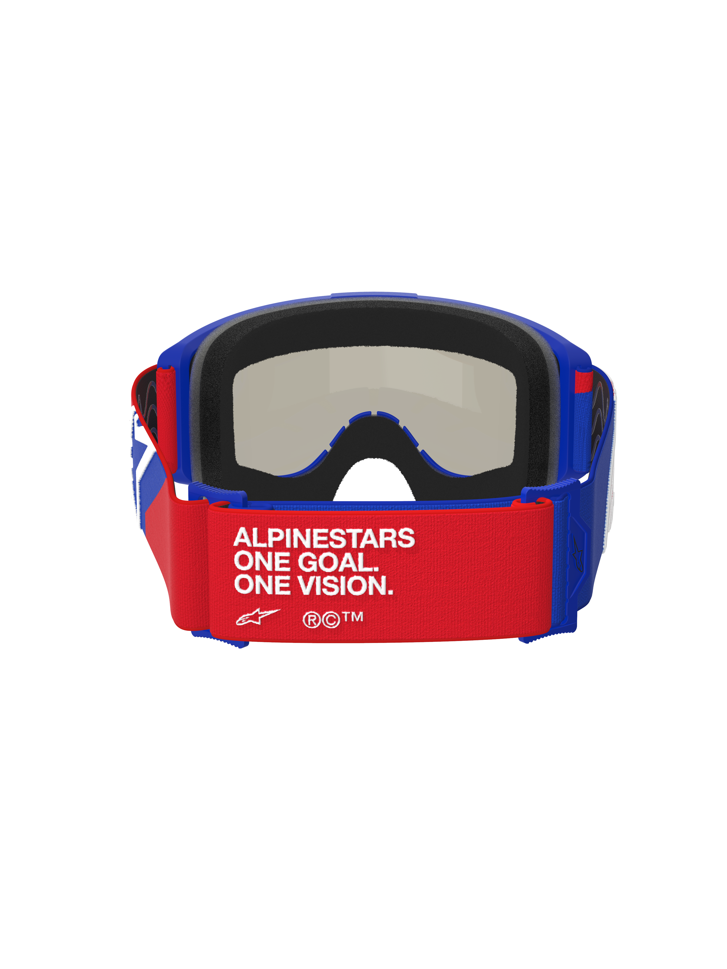 Alpinestars Vision Sand Brille, Blau, Rot und Weiß, Rückansicht mit rotem Brillenband und weißem 'ALPINESTARS ONE GOAL. ONE VISION.' Schriftzug, blauer Rahmen mit dicker schwarzer Schaumstoffpolsterung, von innen sichtbare Dark Smoke Linse, Hochleistungs-Motocross-Brille