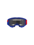 Alpinestars Vision Sand Goggles, blauer Rahmen mit roten und weißen Akzenten am Brillenband, Dark Smoke getönte Linse, Slogan 'ONE GOAL. ONE VISION.' auf der Oberseite, Hochleistungs-Motocross-Brille für Wüsten- und Offroad-Schutz