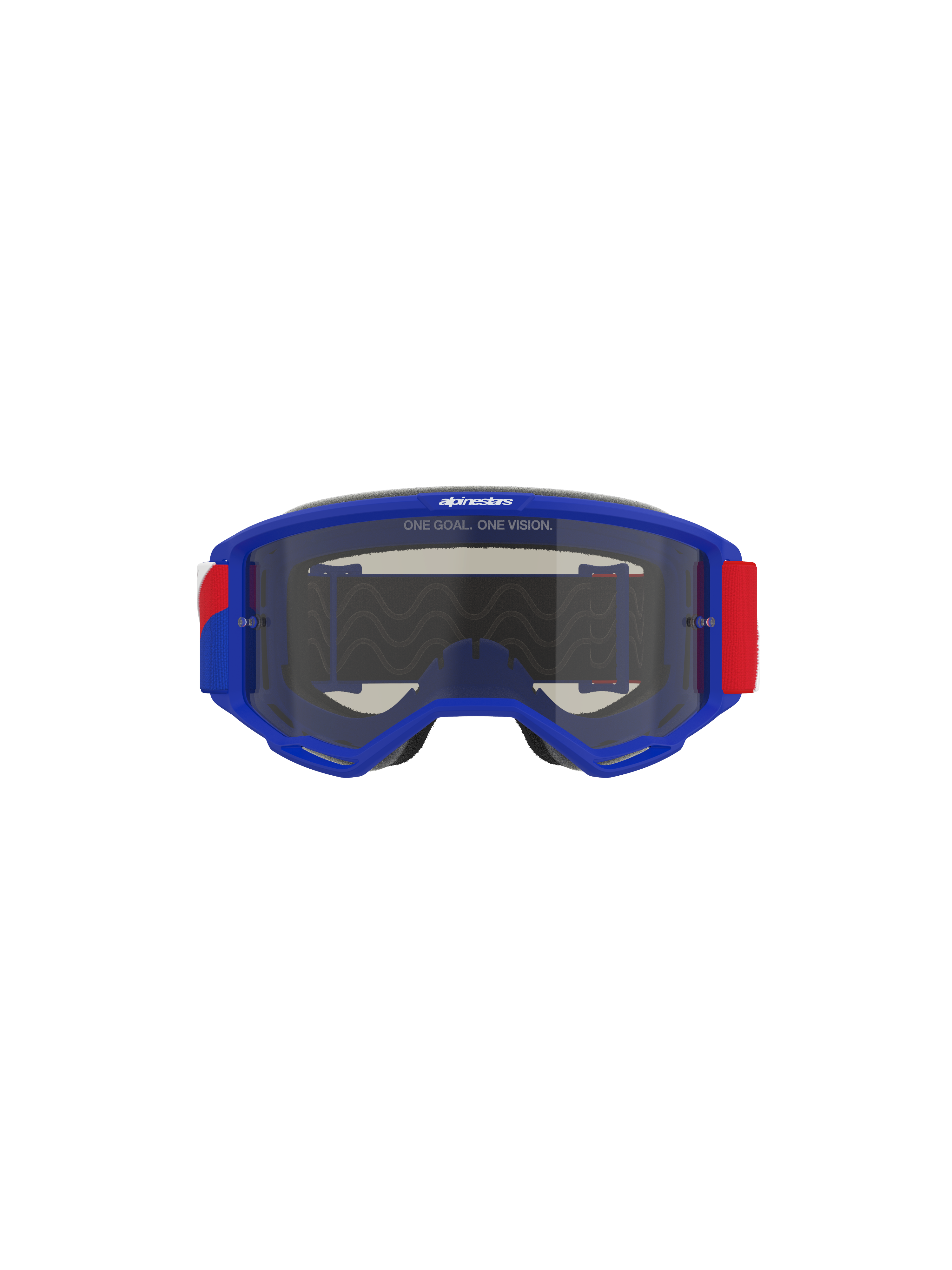 Alpinestars Vision Sand Goggles, blauer Rahmen mit roten und weißen Akzenten am Brillenband, Dark Smoke getönte Linse, Slogan 'ONE GOAL. ONE VISION.' auf der Oberseite, Hochleistungs-Motocross-Brille für Wüsten- und Offroad-Schutz