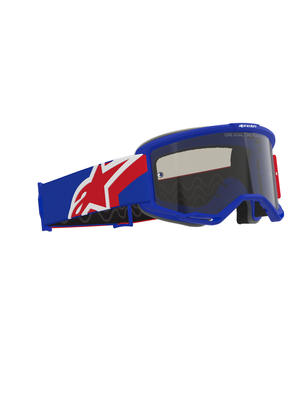Alpinestars Vision Sand Goggles, Offroad-Motocross-Brille, blau-rot-weißer Rahmen und Brillenband, dunkel getönte Dark Smoke-Linse, mit einem breiten silikonbeschichteten Brillenband und ergonomischem Gesichtsschaum.