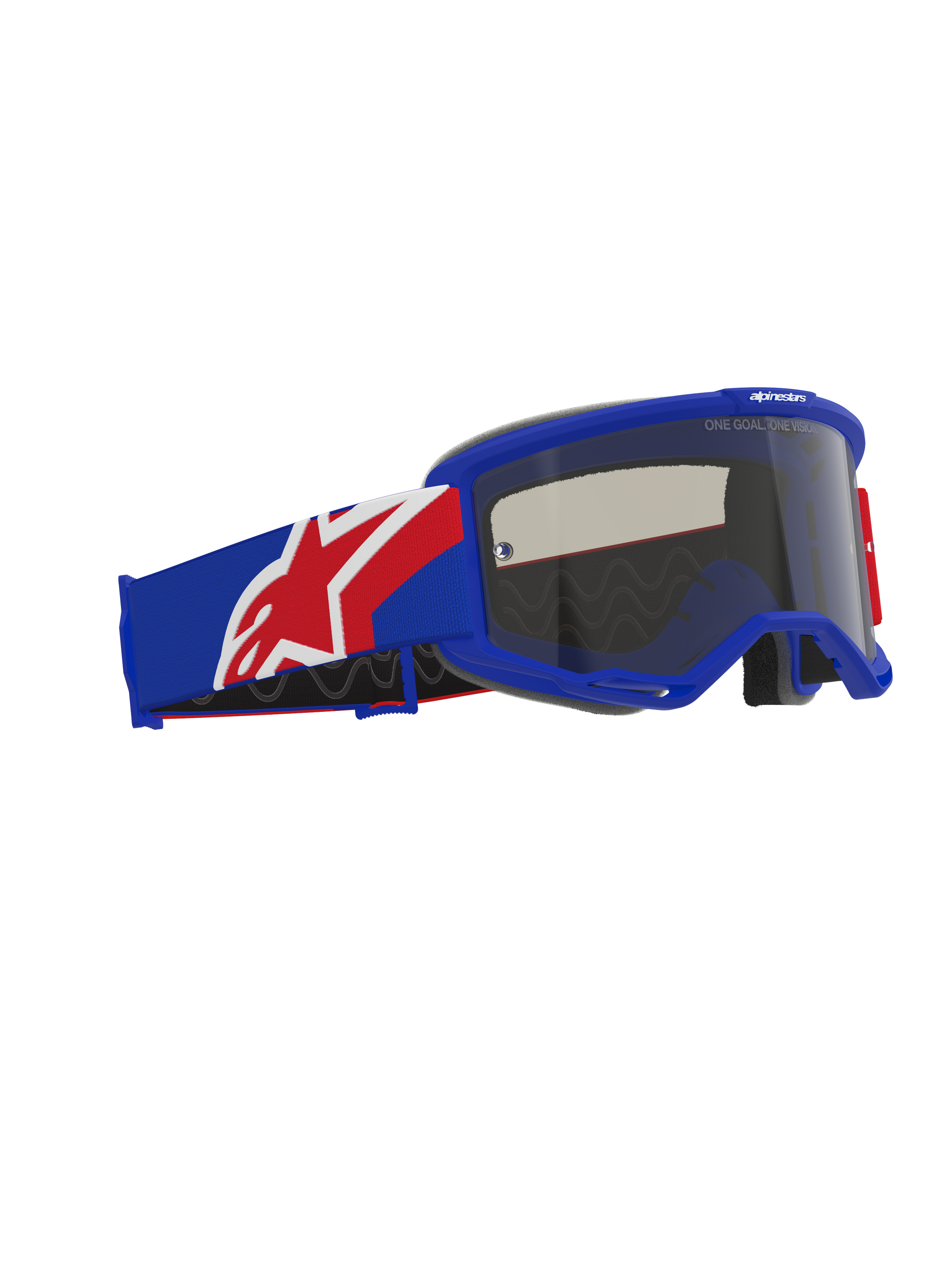Alpinestars Vision Sand Goggles, off-road motocross eyewear, Blue Red and White frame and strap, Dark Smoke tinted lens, featuring a wide silicone-backed strap and ergonomic face foam.