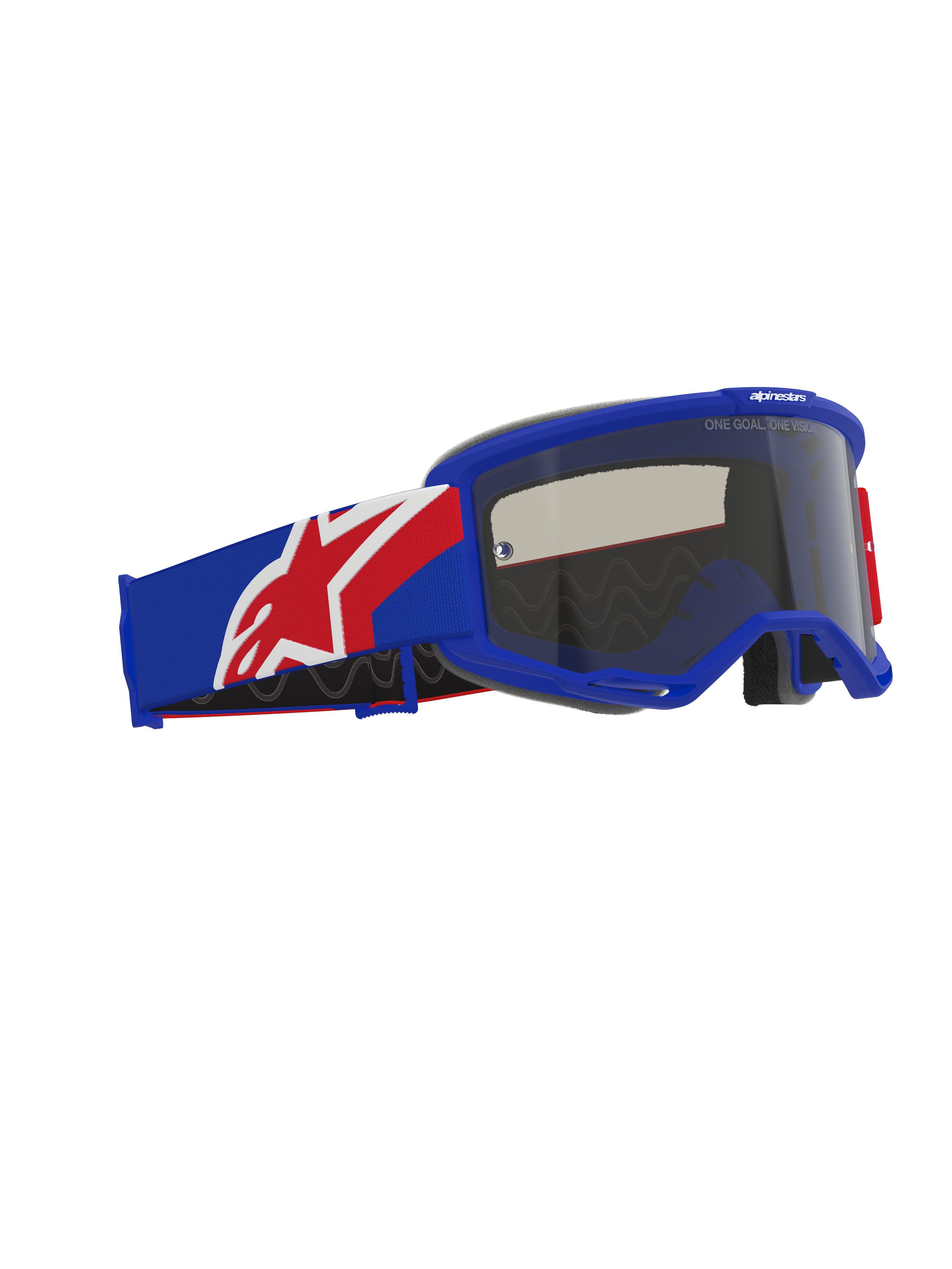 Alpinestars Vision Sand Goggles, Offroad-Motocross-Brille, blau-rot-weißer Rahmen und Brillenband, dunkel getönte Dark Smoke-Linse, mit einem breiten silikonbeschichteten Brillenband und ergonomischem Gesichtsschaum.
