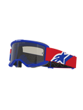 Alpinestars Vision Sand Goggles, Motocross-Brille, blauer Rahmen mit Dark-Smoke-Linse, rotes Brillenband mit blauem und weißem Logo, Offroad-Augenschutz mit speziellem Belüftungsschaum für Wüstenfahrten