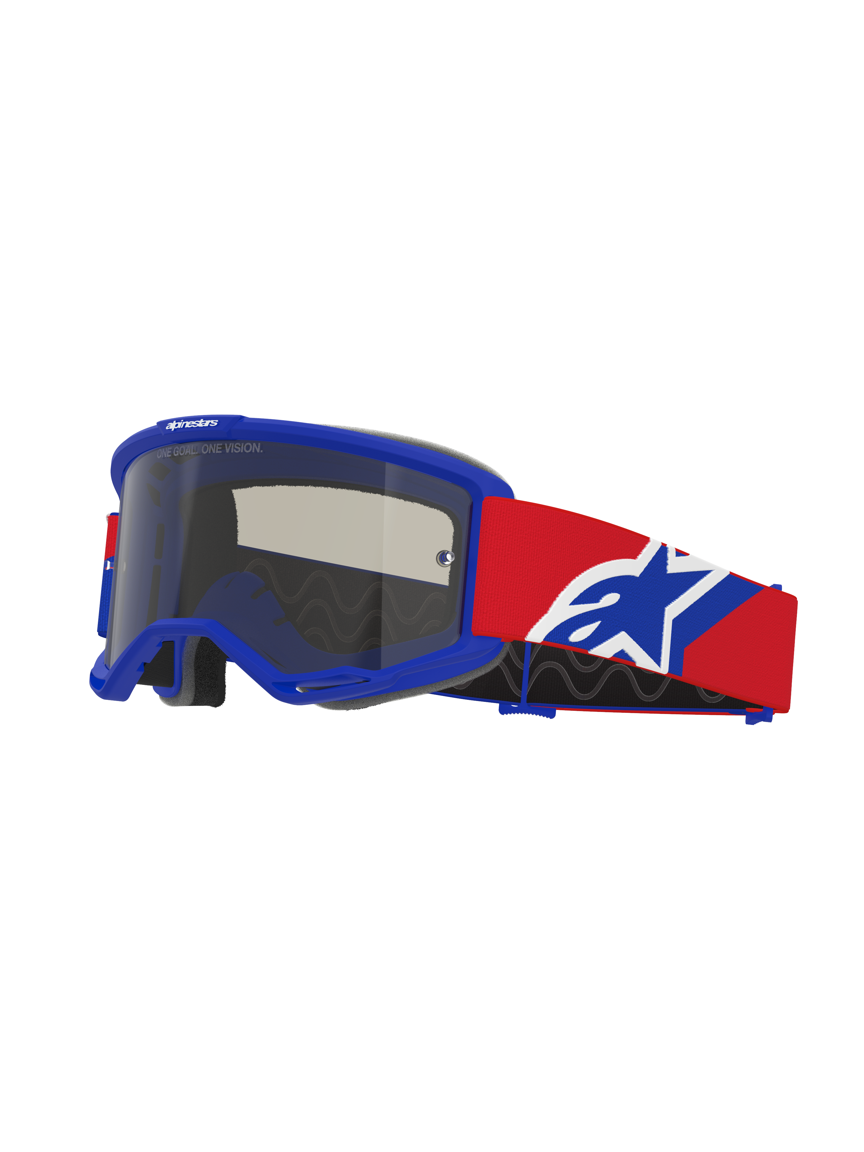 Alpinestars Vision Sand Goggles, Motocross-Brille, blauer Rahmen mit Dark-Smoke-Linse, rotes Brillenband mit blauem und weißem Logo, Offroad-Augenschutz mit speziellem Belüftungsschaum für Wüstenfahrten