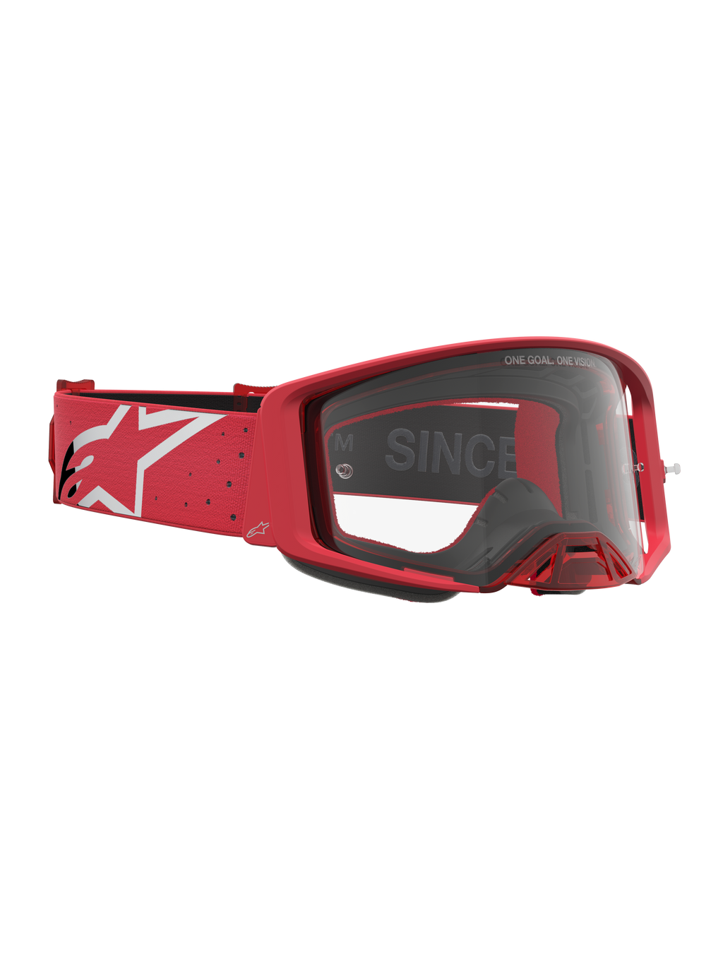 Alpinestars Supertech Vesta Schutzbrille, Motocross-Rennbrille in Rot und Weiß, mit klarer Linse und markantem Logo-Band für den Offroad-Einsatz.
