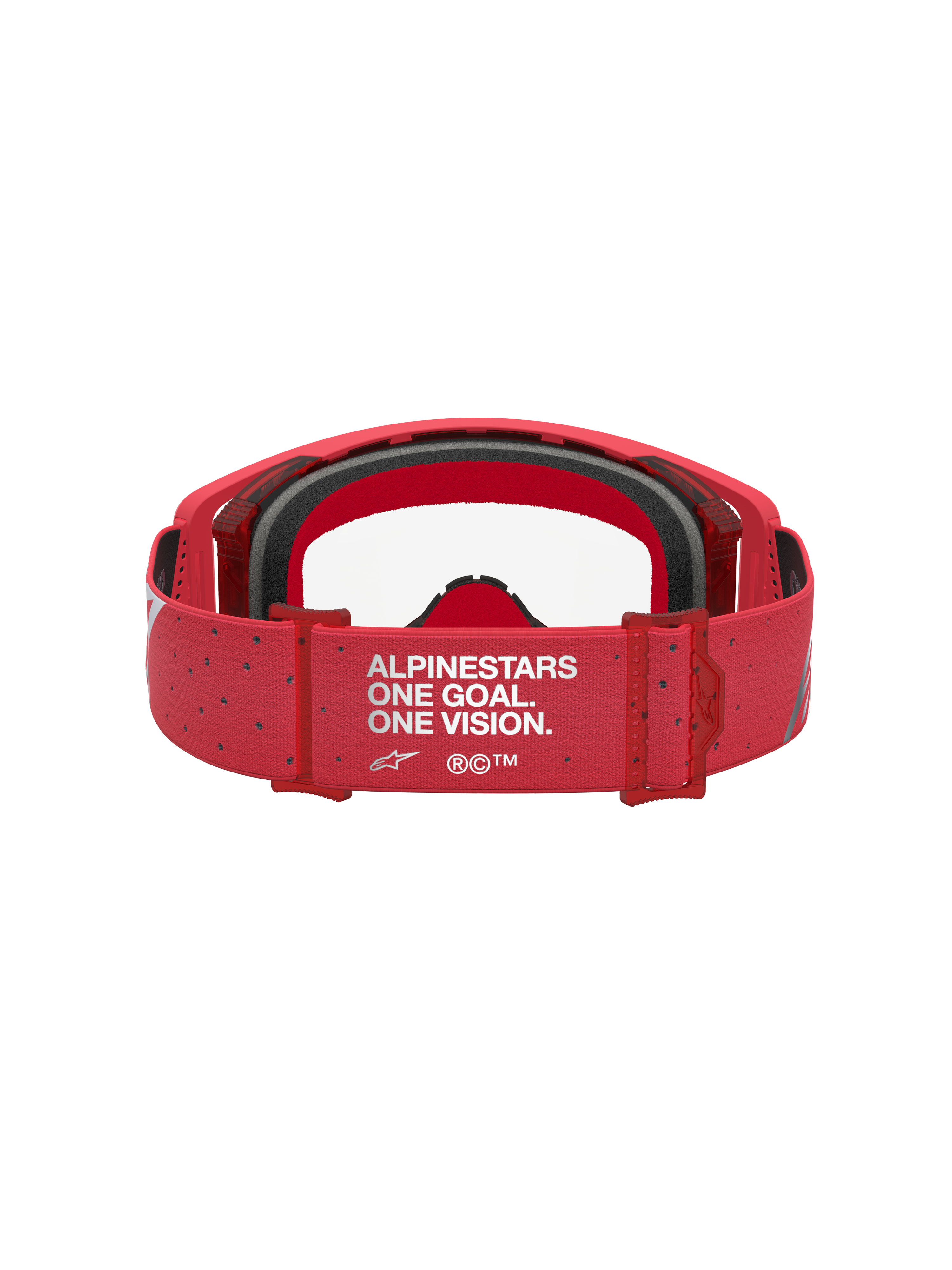 Alpinestars Supertech Vesta Schutzbrille, Motocross-Schutzbrille in Rot, Rückansicht mit One Goal One Vision Logo auf dem verstellbaren Band