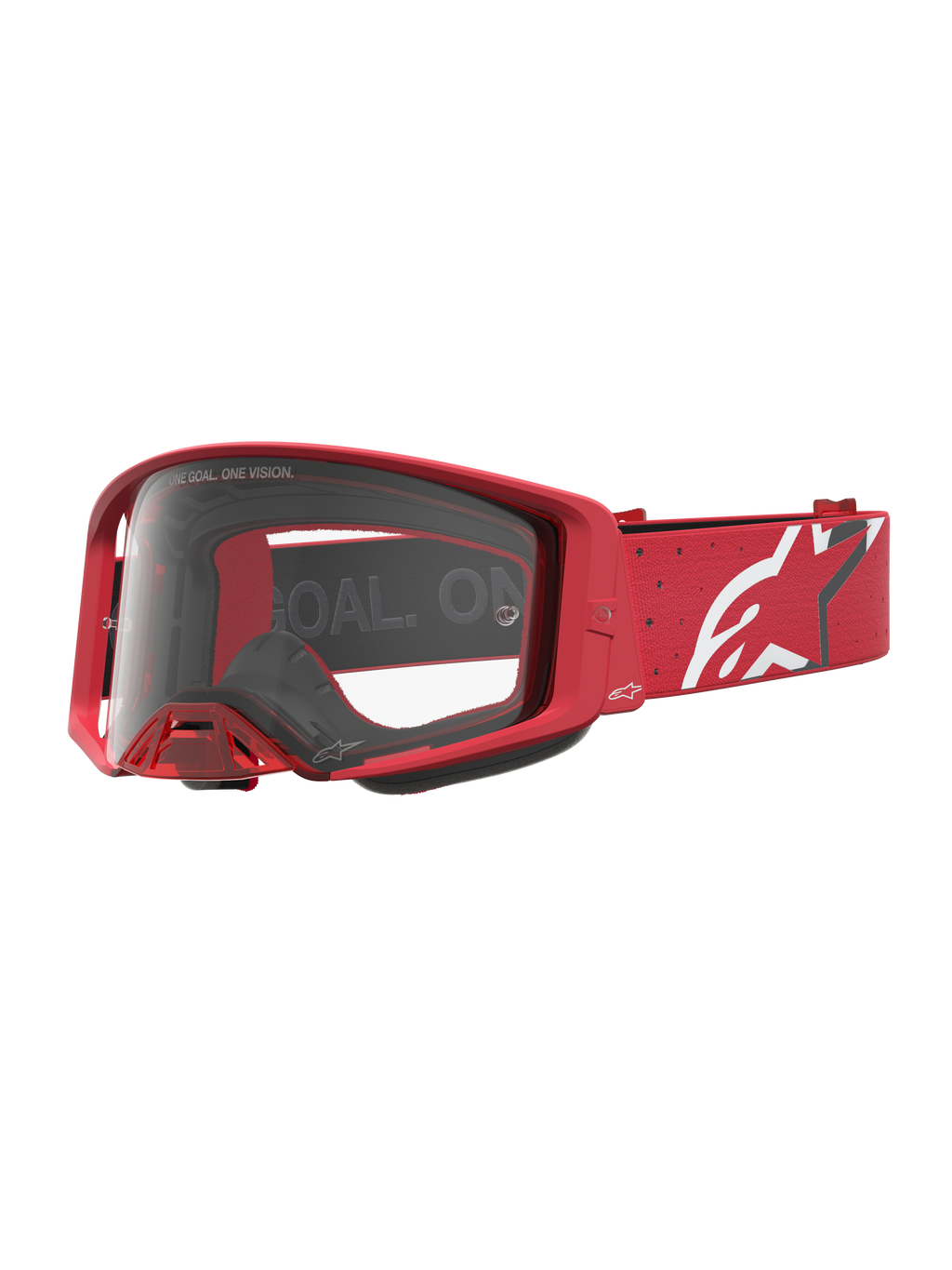 Alpinestars Supertech Vesta Motocross-Schutzbrille, Rot und Weiß, mit klarer Polycarbonat-Linse und weißem Stern-Logo auf dem Gurt, professionelle Offroad-Rennausrüstung.
