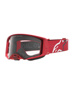 Alpinestars Supertech Vesta Motocross-Schutzbrille, Rot und Weiß, mit klarer Polycarbonat-Linse und weißem Stern-Logo auf dem Gurt, professionelle Offroad-Rennausrüstung.