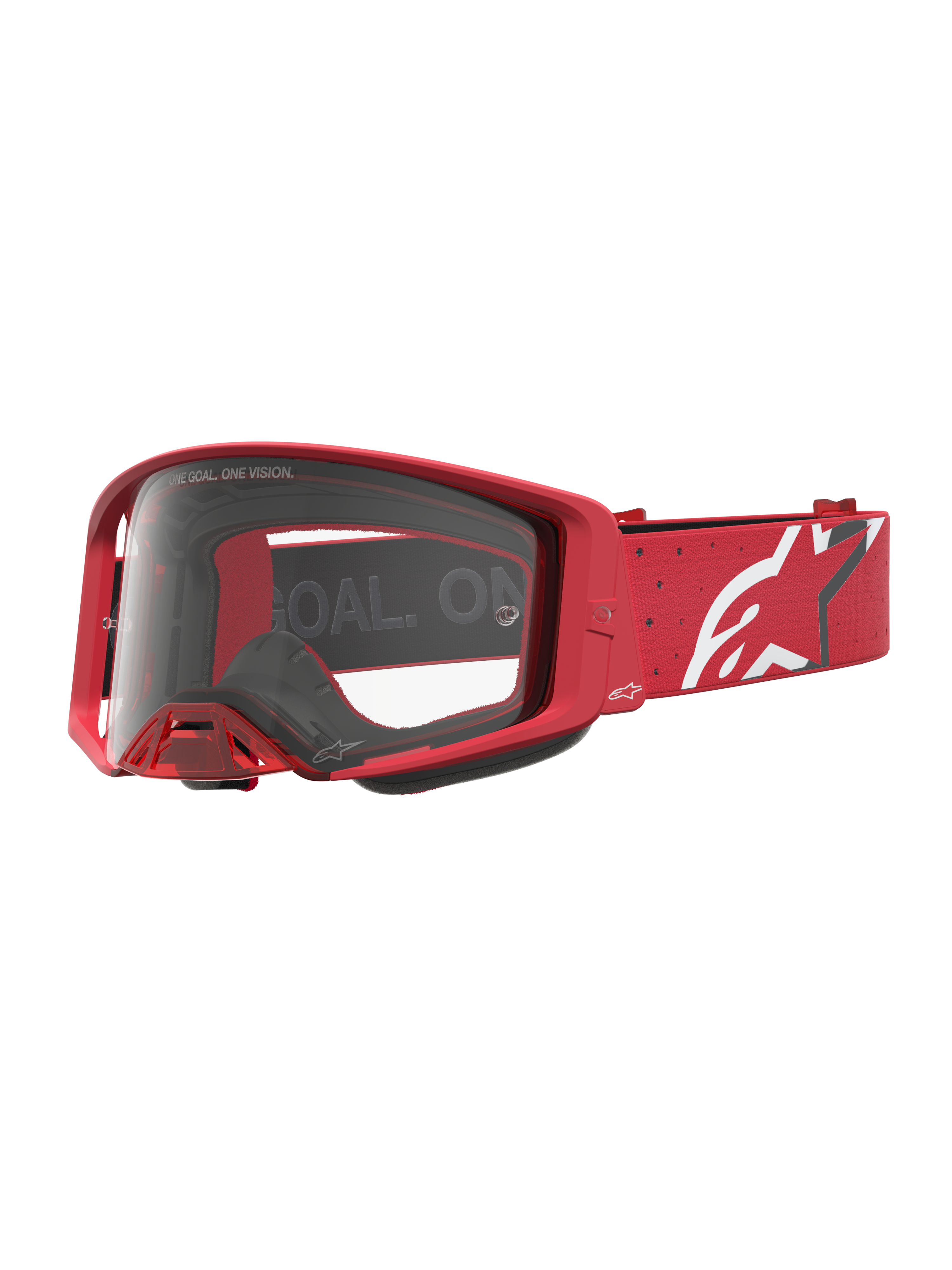 Alpinestars Supertech Vesta Motocross-Schutzbrille, Rot und Weiß, mit klarer Polycarbonat-Linse und weißem Stern-Logo auf dem Gurt, professionelle Offroad-Rennausrüstung.
