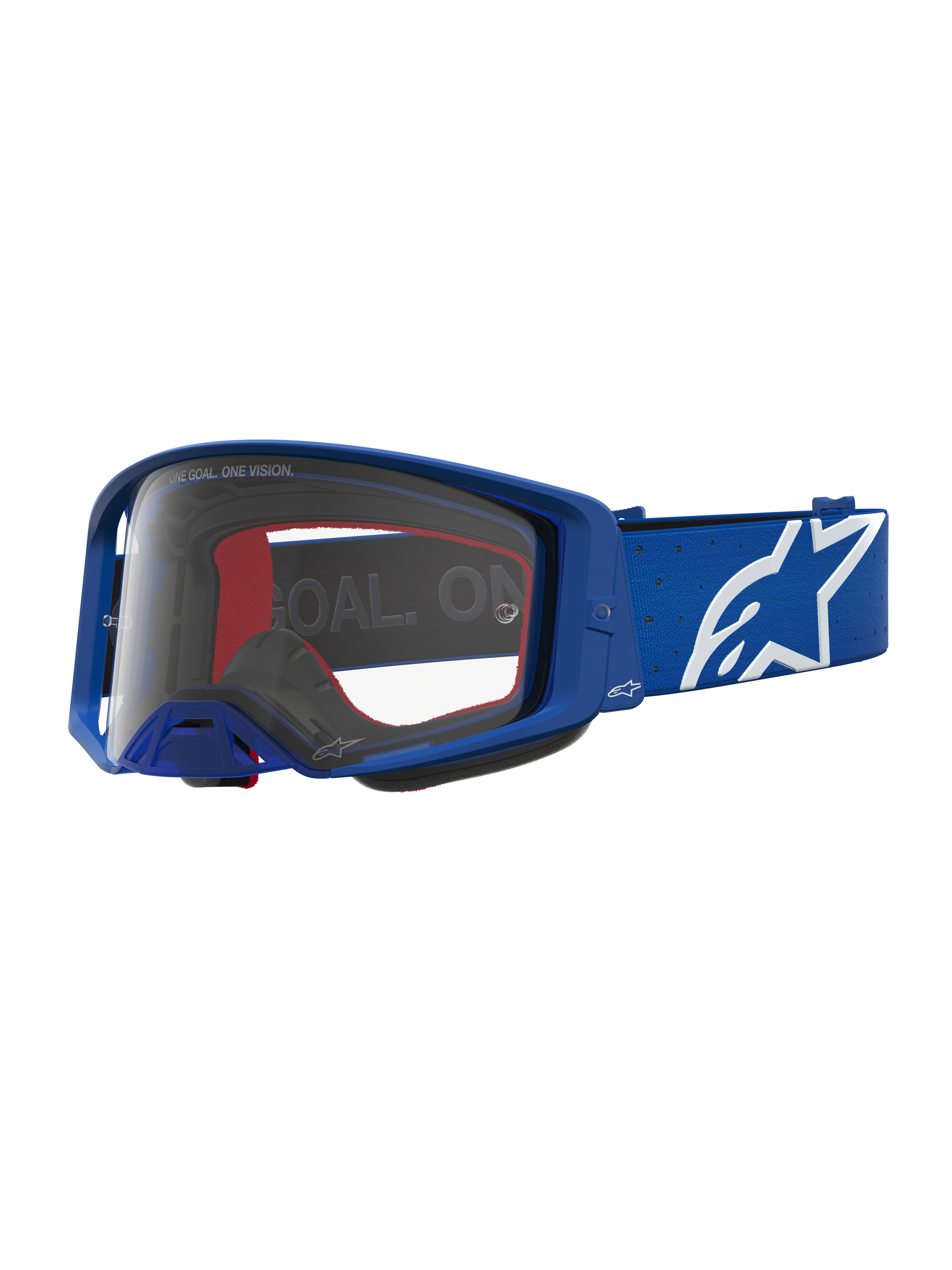 Alpinestars Supertech Vesta Schutzbrille, Blau und Weiß, Motocross-Brille mit klarer Polycarbonat-Linse und weißem Stern-Logo.