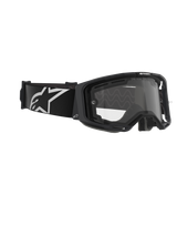 Alpinestars Vision 8 Corp Goggles, Dual Pane, Motocross Goggles, Black frame with Clear lens, wide black strap featuring a large white Alpinestars logo, technical eye protection for off-road racing