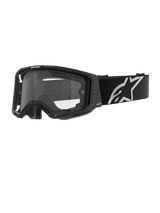 Alpinestars Vision 8 Corp Goggles - Dual Pane, Motocross Goggles, Black frame with a clear dual-pane lens, wide black strap featuring a prominent white Alpinestars star logo, sleek performance design with ventilation ports for off-road racing.