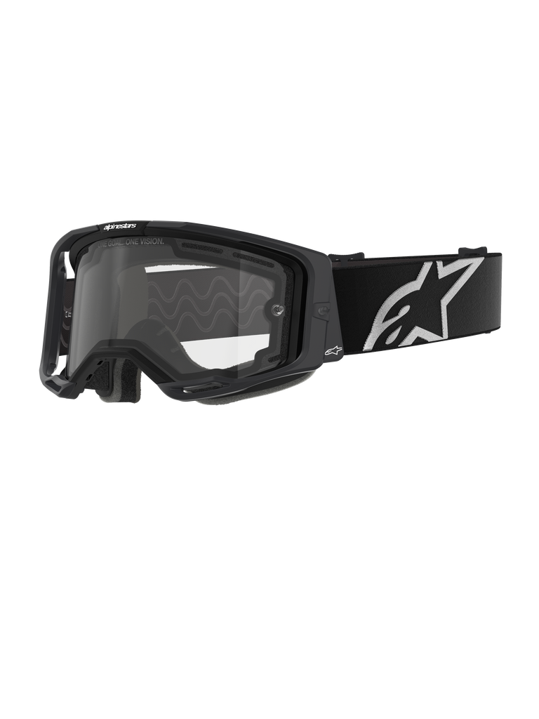 Alpinestars Vision 8 Corp Brille - Doppelscheibe, Motocross-Brille, schwarzer Rahmen mit einer klaren Doppelscheibe, breites schwarzes Brillenband mit markantem weißem Alpinestars-Sternlogo, schlankes Performance-Design mit Belüftungsöffnungen für den Offroad-Rennsport.
