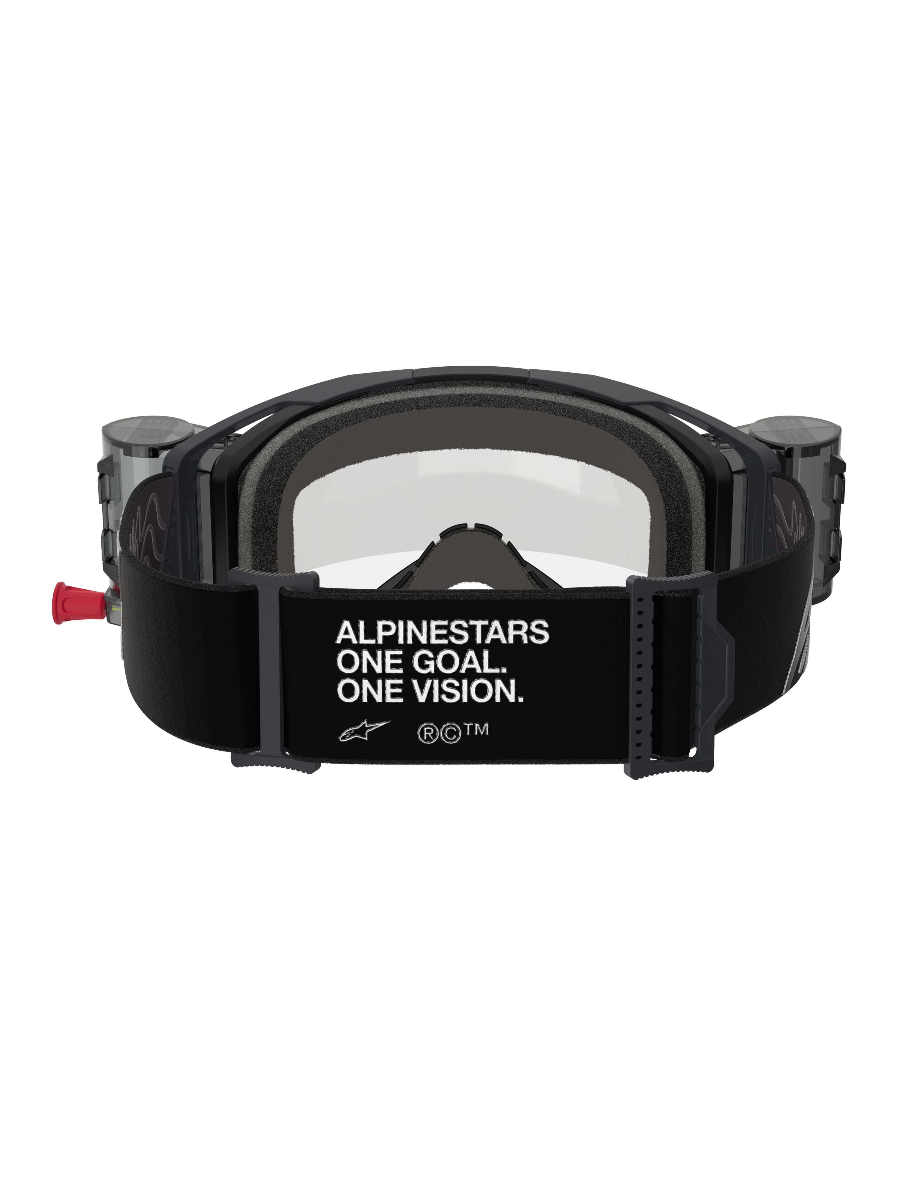 Alpinestars Vision 8 Corp Goggles Roll Off, rear view, black strap featuring white 'ALPINESTARS ONE GOAL. ONE VISION.' slogan, integrated roll-off canisters, clear lens, and foam padding for motocross racing