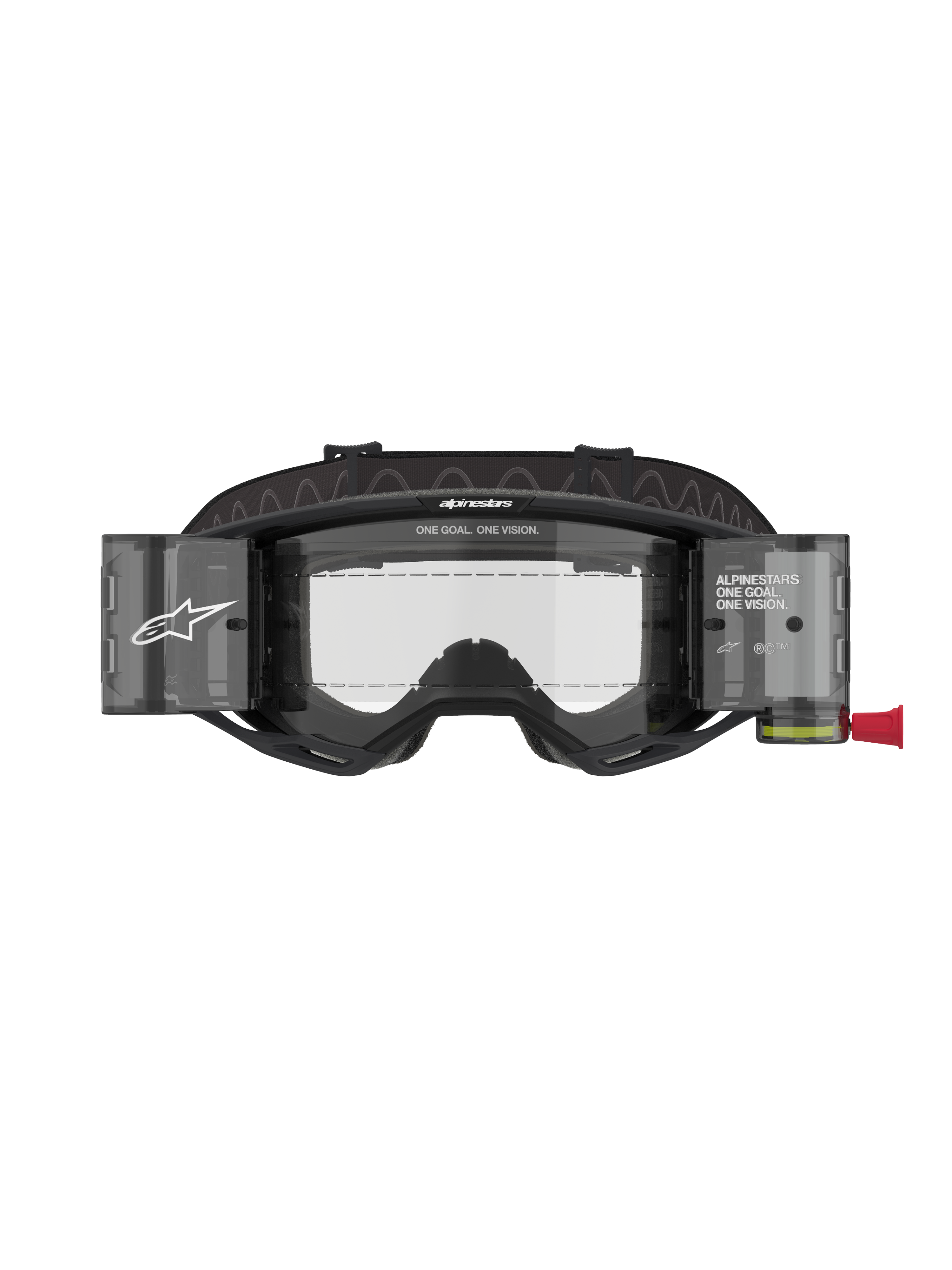 Alpinestars Vision 8 Corp Goggles Roll Off, Motocross Goggles, Black frame with Clear lens, featuring integrated roll-off system with translucent canisters and wide black strap with branding, professional racing eye protection