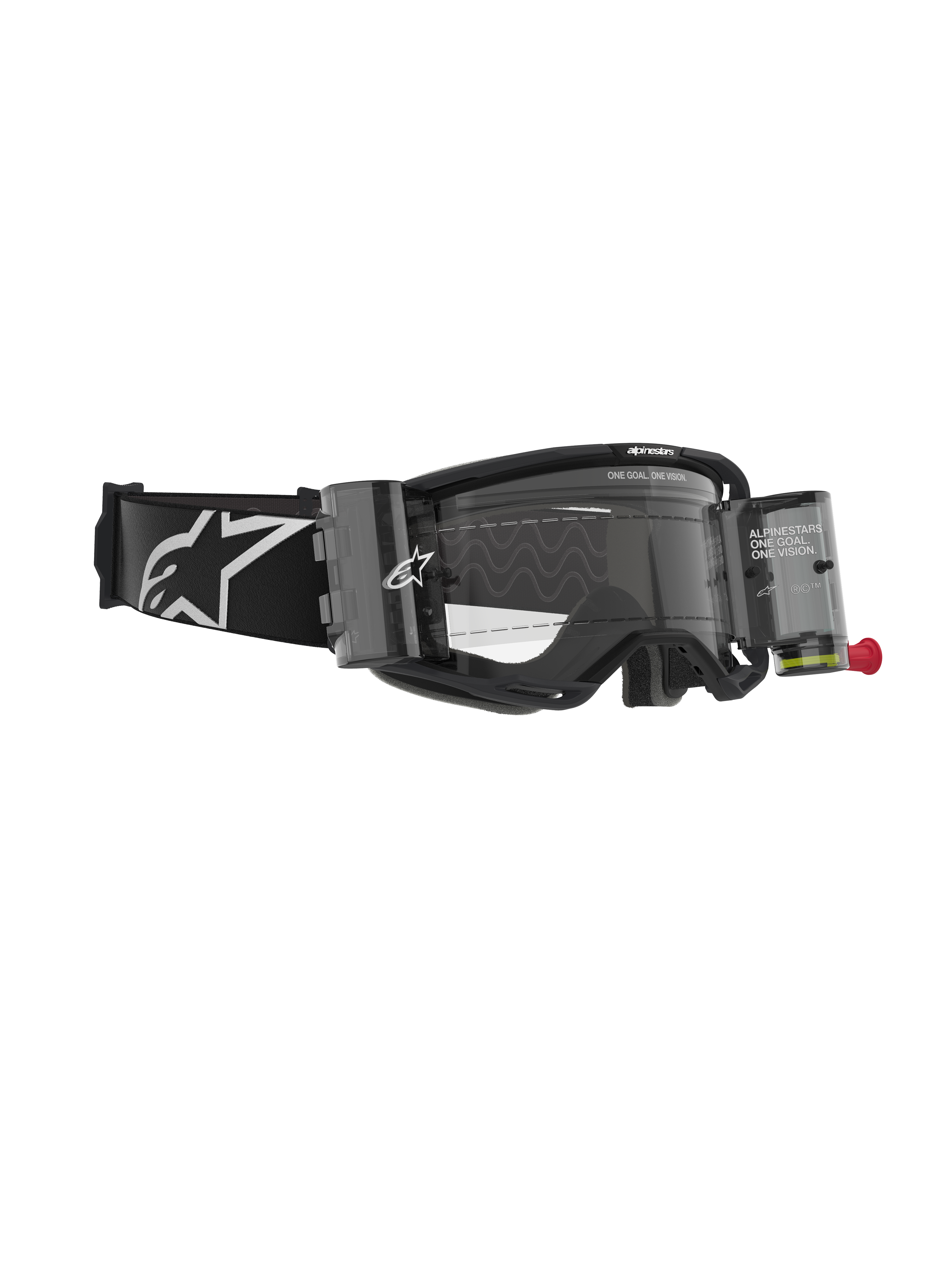 Alpinestars Vision 8 Corp Goggles, Motocross Goggles with Roll-Off System, Black and Clear, featuring transparent film canisters, a clear lens, and a wide black strap with a large white Alpinestars logo