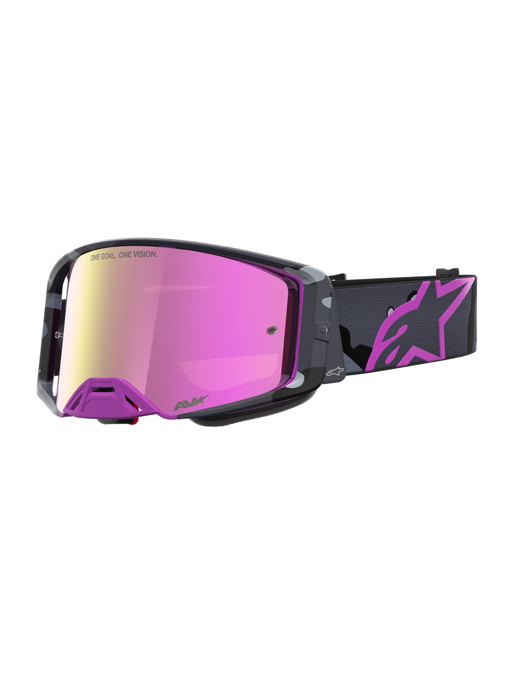 Alpinestars Limited Edition Supertech Lone Schutzbrille, Motocross-Schutzbrille mit verspiegelter pinker Linse, lila Camo-Rahmen und bedrucktem Band mit Astars-Logo