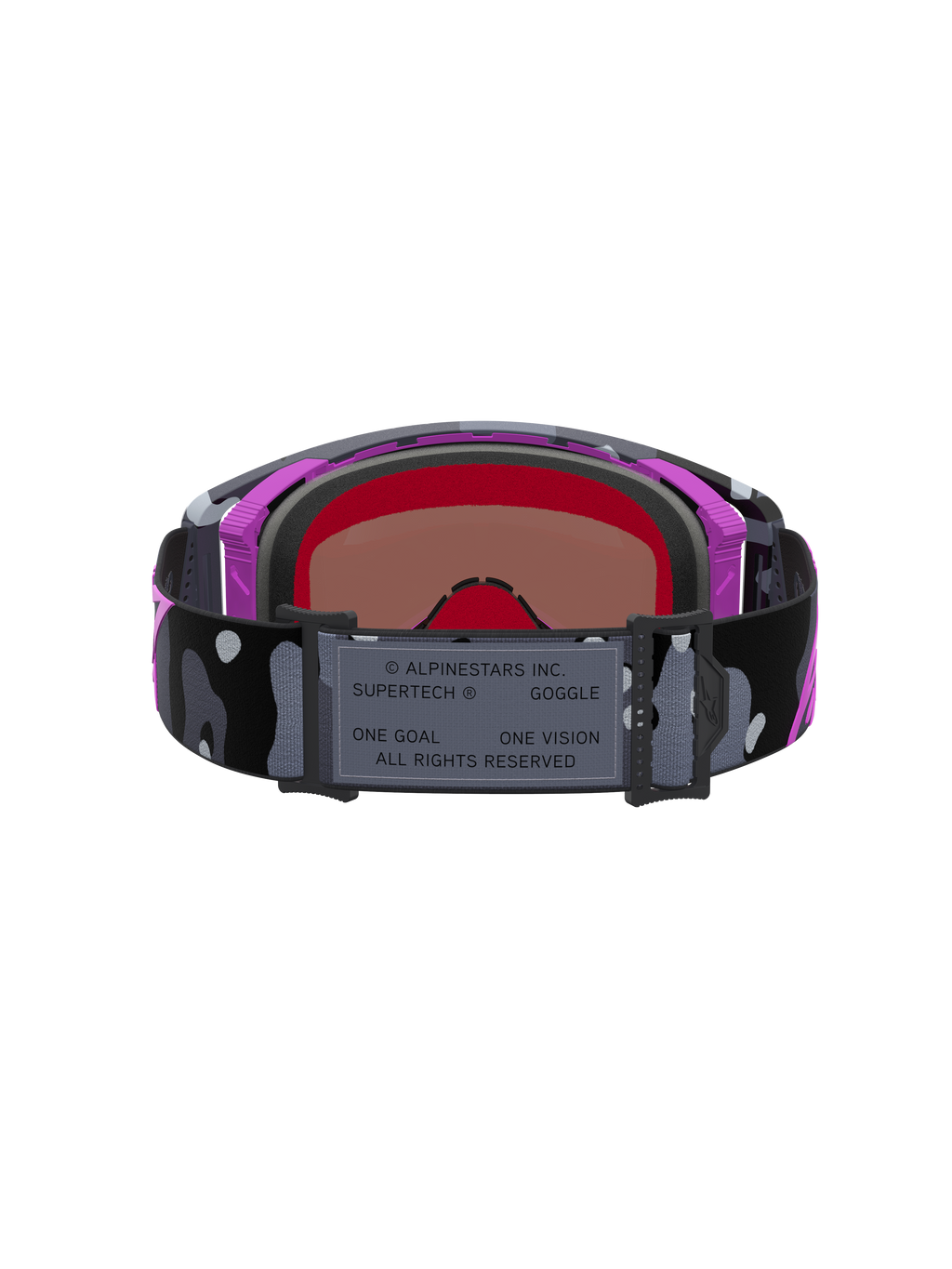 Limited Edition Supertech Lone Schutzbrille, Motocross- und Supercross-Schutzbrille mit Camo-Strahler und spiegelnder rosa Scheibe, Lila und Schwarz, Rückansicht