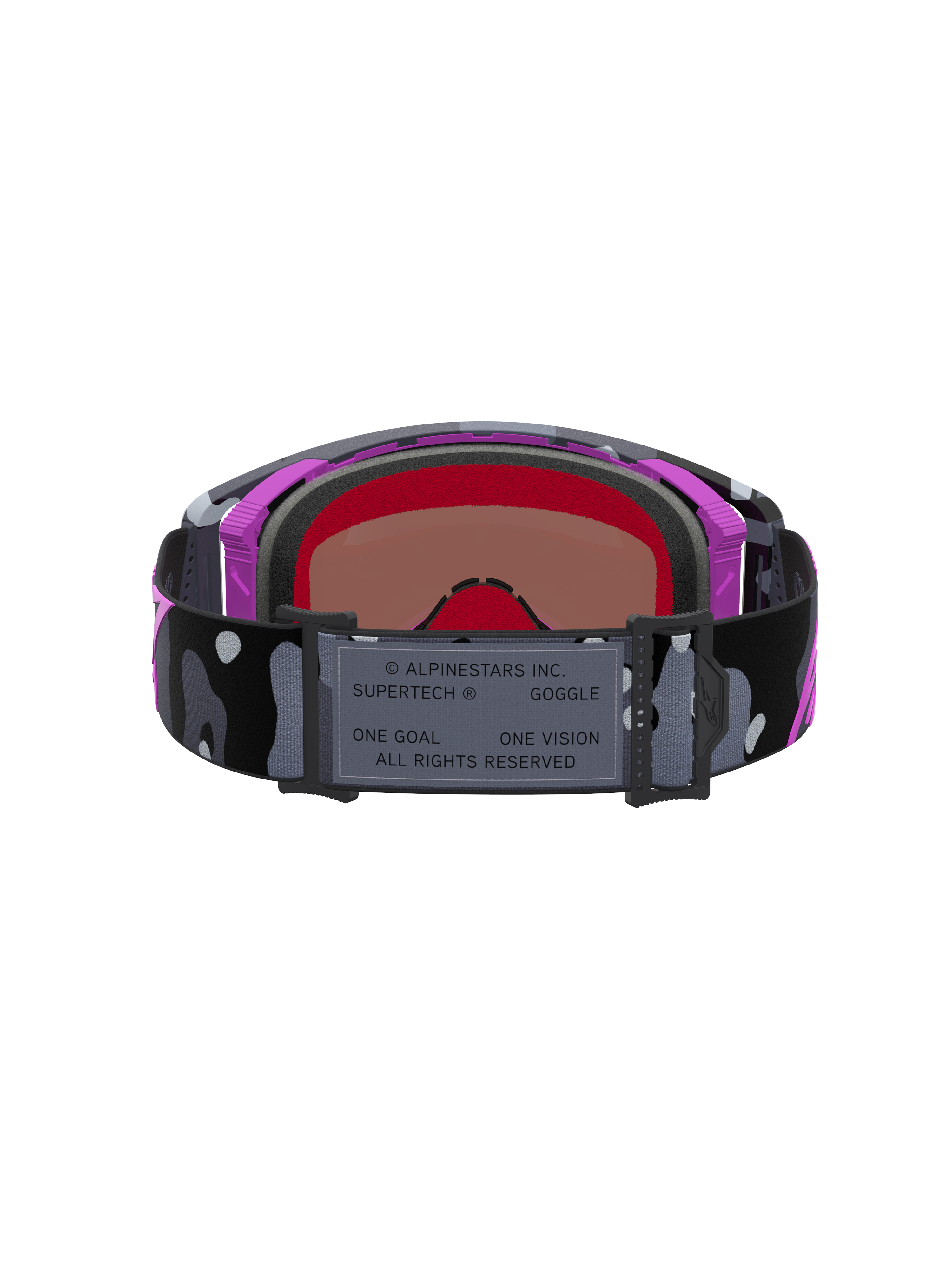 Limited Edition Supertech Lone Schutzbrille, Motocross- und Supercross-Schutzbrille mit Camo-Strahler und spiegelnder rosa Scheibe, Lila und Schwarz, Rückansicht
