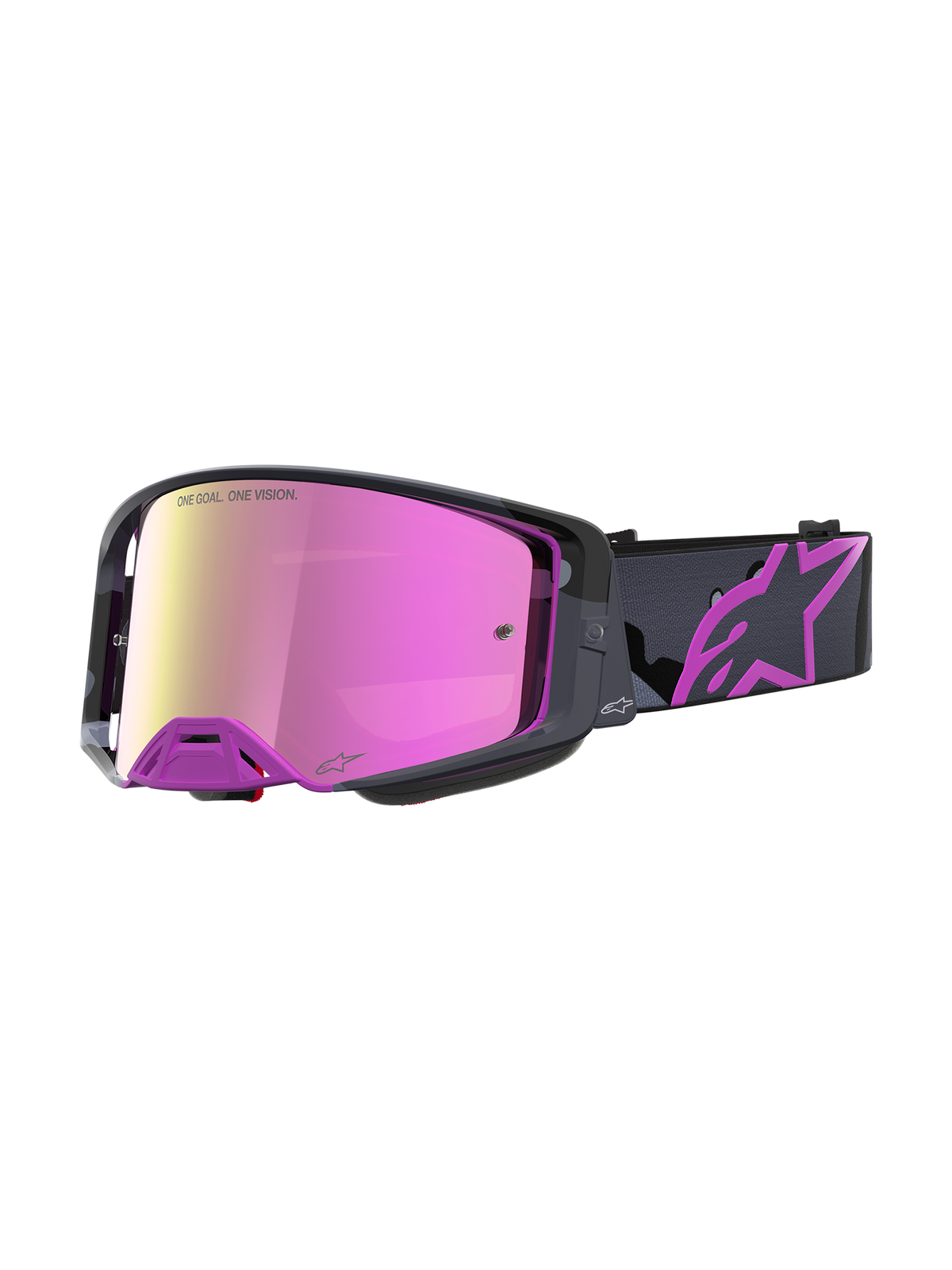 Limited Edition Alpinestars Supertech Loane Goggles, motocross racing goggles in purple and mirror pink with a camo strap, high-contrast lens technology, championship-proven off-road gear