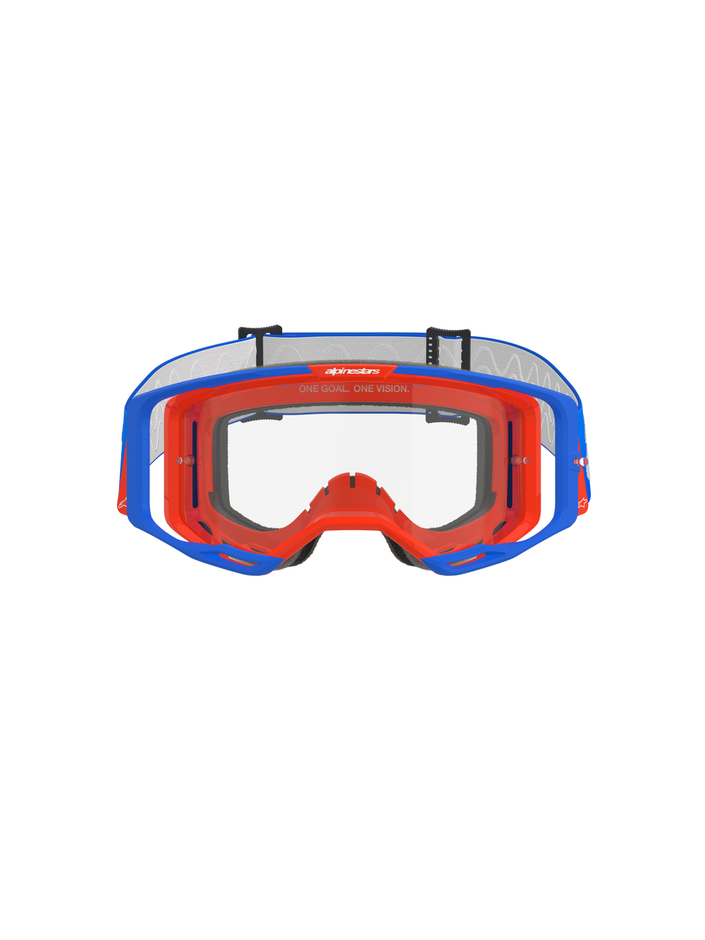 Alpinestars Vision 8 Wordmark Goggles, Motocross Goggles, Blue and Orange with Clear lens, front view, featuring a dual-tone flexible frame, wide peripheral lens design, and 'One Goal. One Vision.' branding on the upper inner frame.