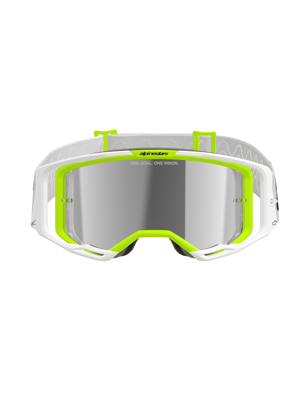 Alpinestars Vision 8 Wordmark Goggles, Motocross-Brille, Weiß und Gelb Fluo, silbern verspiegelte Scheibe mit dem Schriftzug 'ONE GOAL. ONE VISION.', weites Sichtfeld, weißes Band mit grauen Akzenten, Hochleistungs-Offroad-Brille