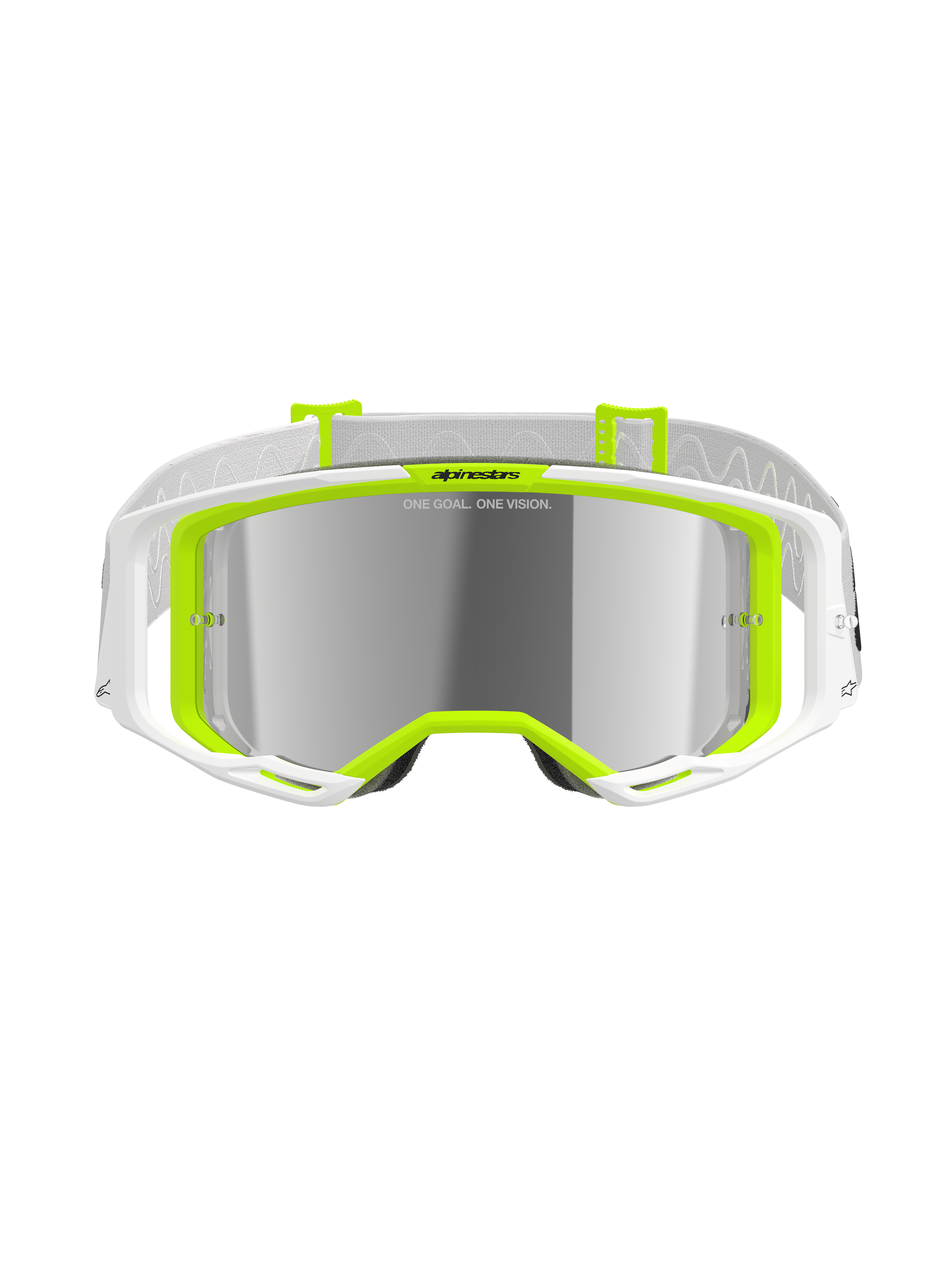 Alpinestars Vision 8 Wordmark Goggles, Motocross-Brille, Weiß und Gelb Fluo, silbern verspiegelte Scheibe mit dem Schriftzug 'ONE GOAL. ONE VISION.', weites Sichtfeld, weißes Band mit grauen Akzenten, Hochleistungs-Offroad-Brille