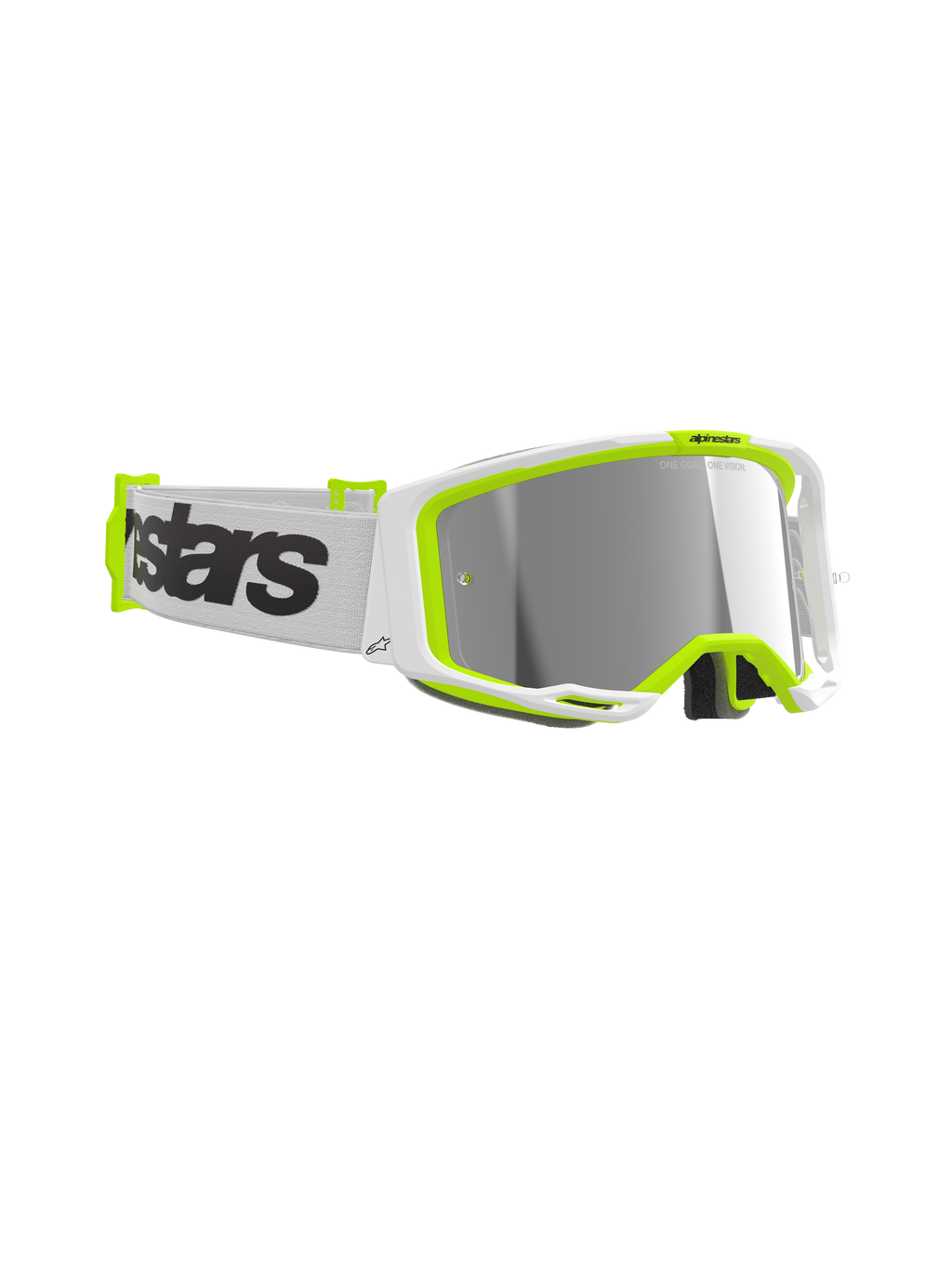 Alpinestars Vision 8 Wordmark Brille, Motocross-Brille, Rahmen in Weiß und Gelb Fluo, silbern verspiegelte Scheibe, weiß gewebtes Band mit markantem schwarzem Wordmark-Branding, Hochleistungs-Augenschutz für den Offroad-Rennsport