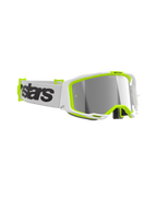 Alpinestars Vision 8 Wordmark Brille, Motocross-Brille, Rahmen in Weiß und Gelb Fluo, silbern verspiegelte Scheibe, weiß gewebtes Band mit markantem schwarzem Wordmark-Branding, Hochleistungs-Augenschutz für den Offroad-Rennsport