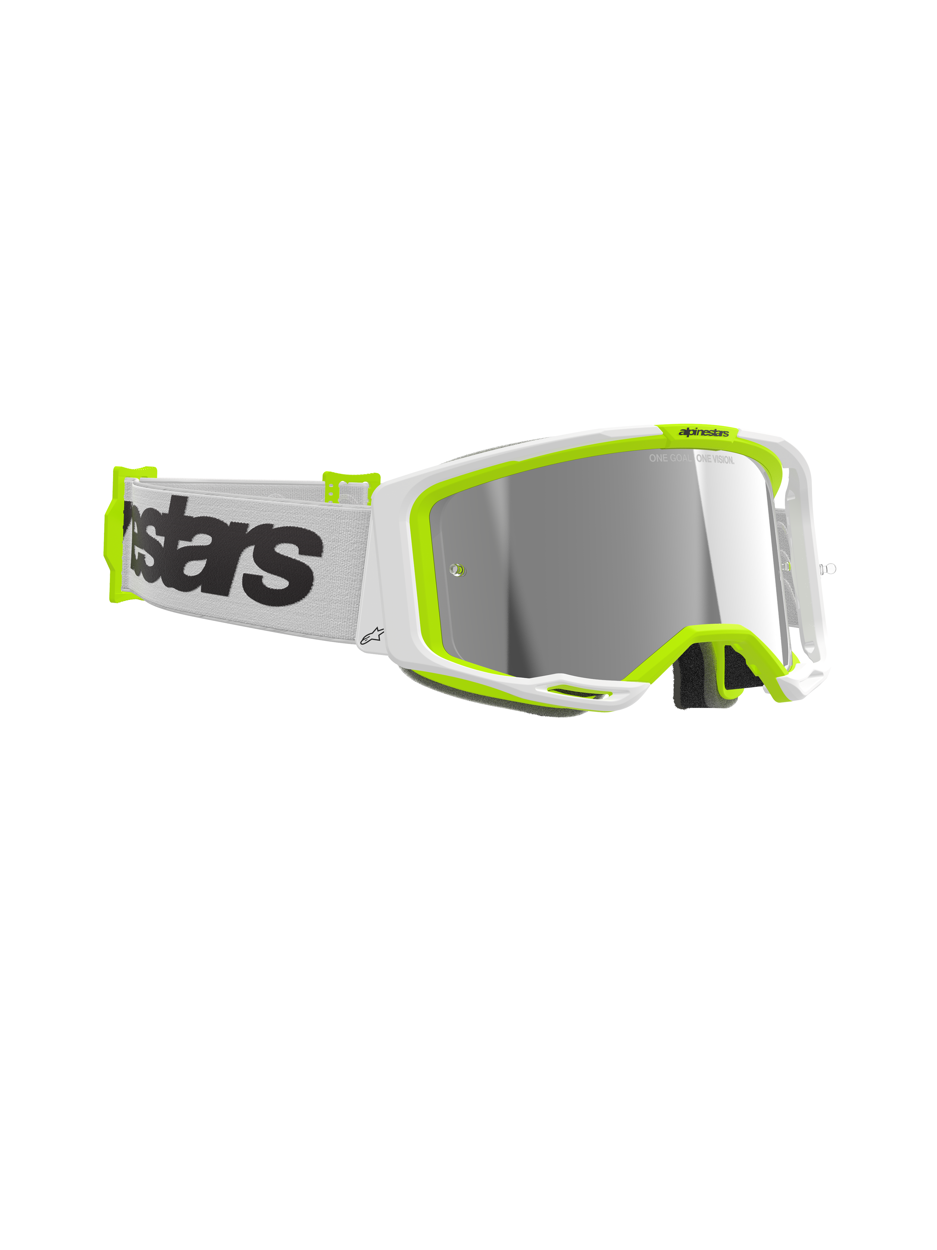 Alpinestars Vision 8 Wordmark Brille, Motocross-Brille, Rahmen in Weiß und Gelb Fluo, silbern verspiegelte Scheibe, weiß gewebtes Band mit markantem schwarzem Wordmark-Branding, Hochleistungs-Augenschutz für den Offroad-Rennsport