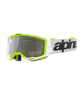 Alpinestars Vision 8 Wordmark Brille, Motocross-Brille, weißer und fluoreszierend gelber Rahmen mit silbern verspiegelter Linse, weißes Band mit markantem schwarzem Branding und A-FLEX-Rahmen für Offroad-Rennleistung.