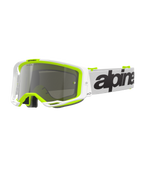 Alpinestars Vision 8 Wordmark Brille, Motocross-Brille, weißer und fluoreszierend gelber Rahmen mit silbern verspiegelter Linse, weißes Band mit markantem schwarzem Branding und A-FLEX-Rahmen für Offroad-Rennleistung.