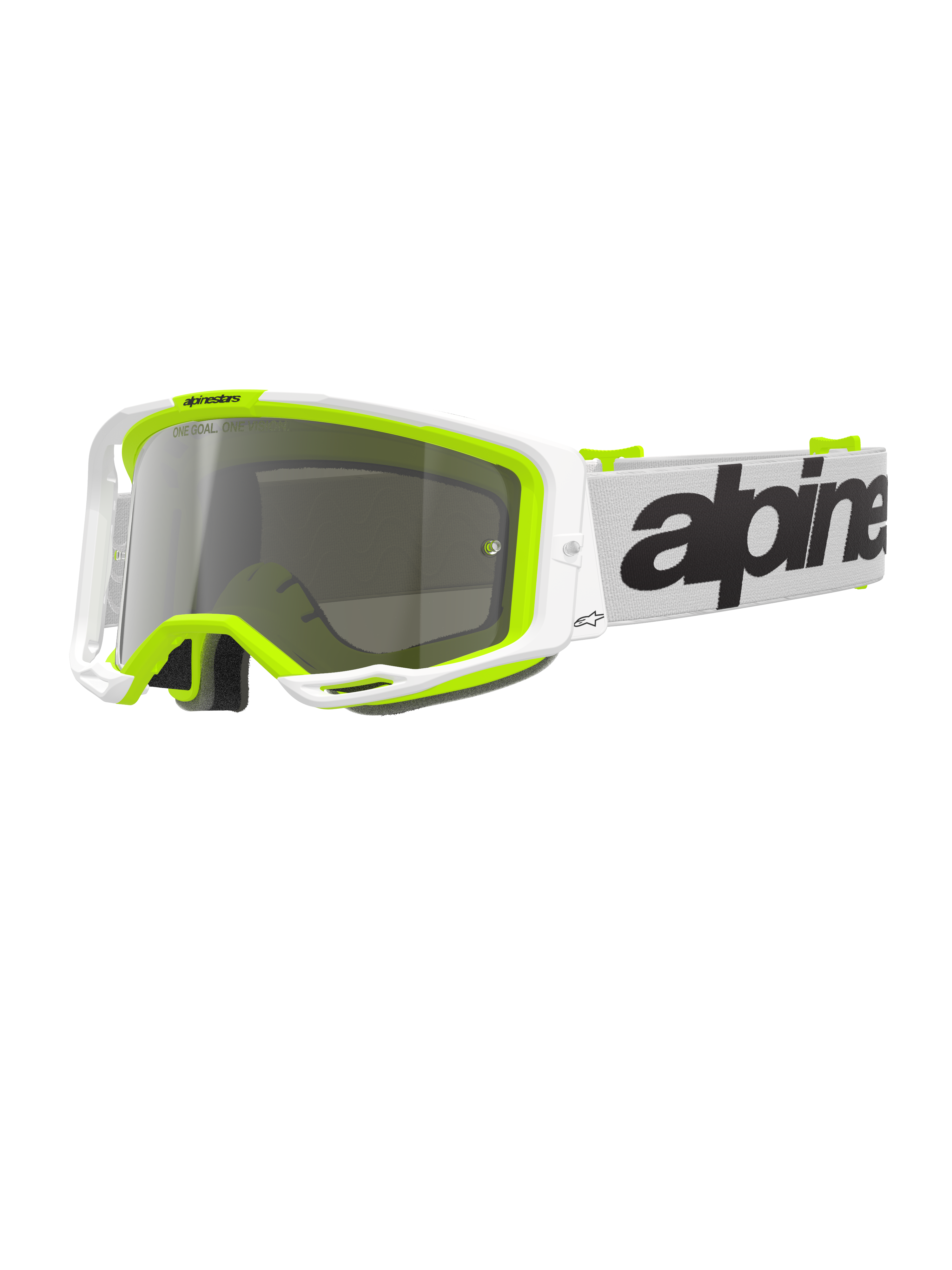 Alpinestars Vision 8 Wordmark Brille, Motocross-Brille, weißer und fluoreszierend gelber Rahmen mit silbern verspiegelter Linse, weißes Band mit markantem schwarzem Branding und A-FLEX-Rahmen für Offroad-Rennleistung.