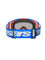 Alpinestars Vision 8 Wordmark Goggles, Motocross-Brille, Blau Orange Mirror Rot, Rückansicht mit einem blauen gewebten Brillenband mit weißem Alpinestars-Schriftzug, internem 3D-geformtem Gesichtsschaum und schwarzen Verstellschnallen.