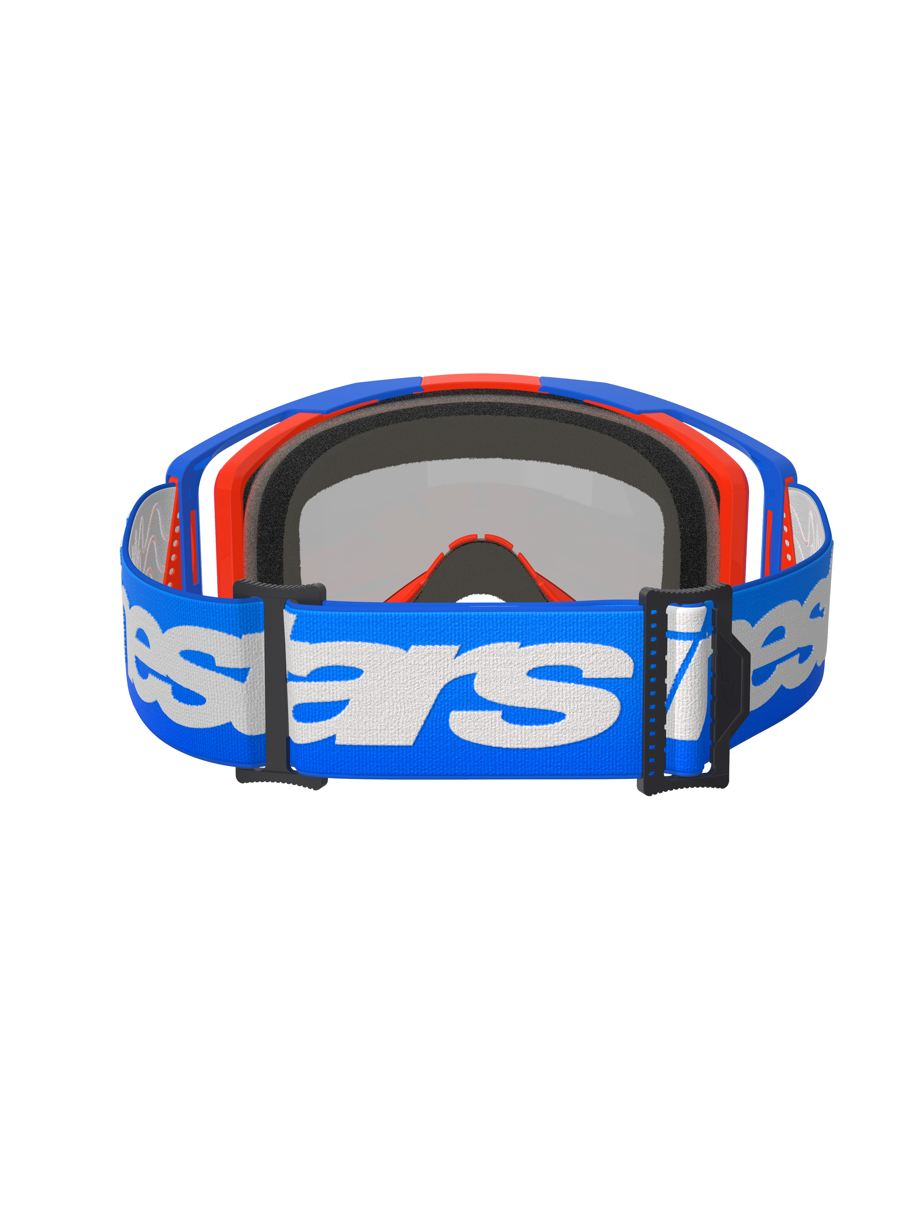 Alpinestars Vision 8 Wordmark Goggles, Motocross-Brille, Blau Orange Mirror Rot, Rückansicht mit einem blauen gewebten Brillenband mit weißem Alpinestars-Schriftzug, internem 3D-geformtem Gesichtsschaum und schwarzen Verstellschnallen.