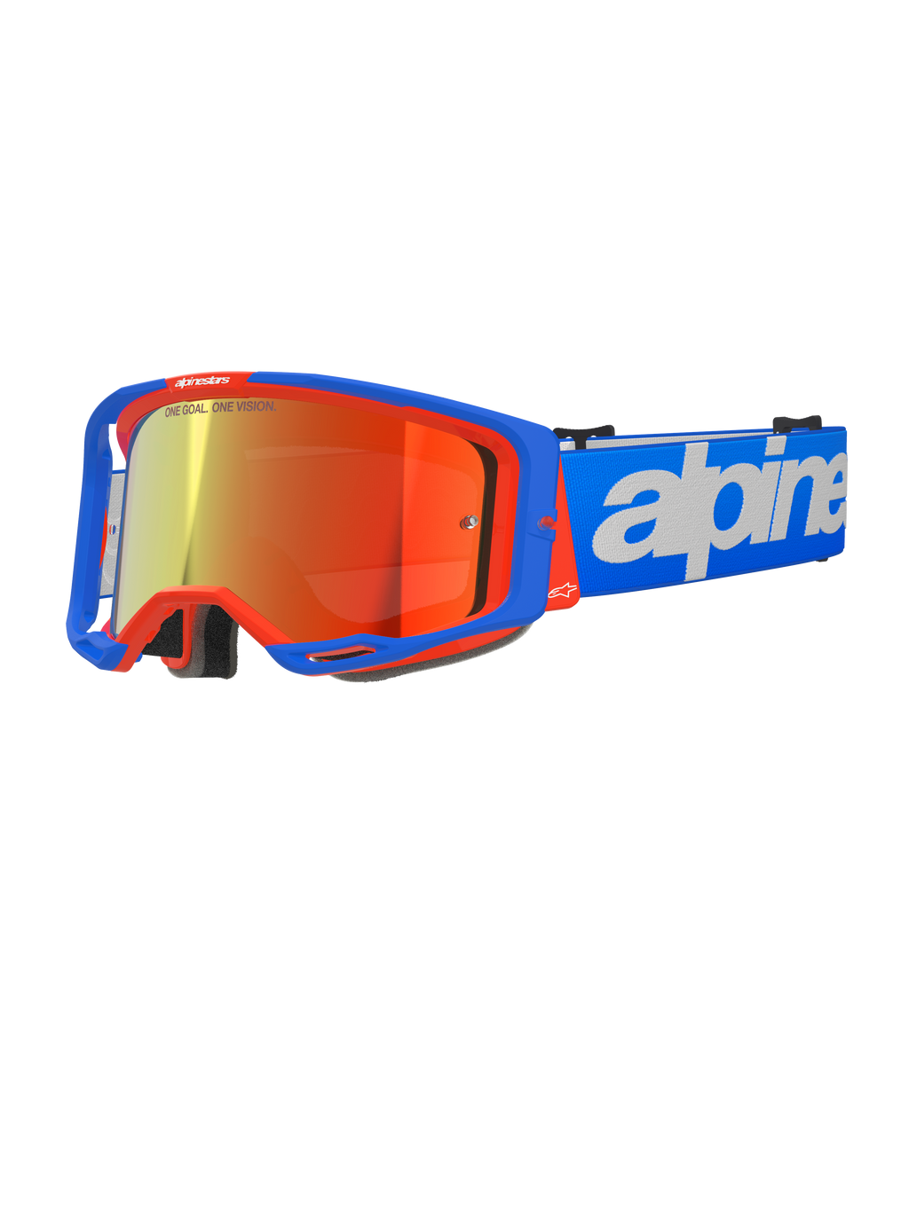 Alpinestars Vision 8 Wordmark Goggles, Motocross-Brille, Blau und Orange mit roter verspiegelter Linse, weites Sichtfeld, verstellbares blaues Band mit markantem weißem Schriftzug, Schaumstoffpolsterung und Belüftung für Offroad-Fahrten