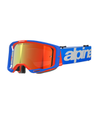 Alpinestars Vision 8 Wordmark Goggles, Motocross-Brille, Blau und Orange mit roter verspiegelter Linse, weites Sichtfeld, verstellbares blaues Band mit markantem weißem Schriftzug, Schaumstoffpolsterung und Belüftung für Offroad-Fahrten