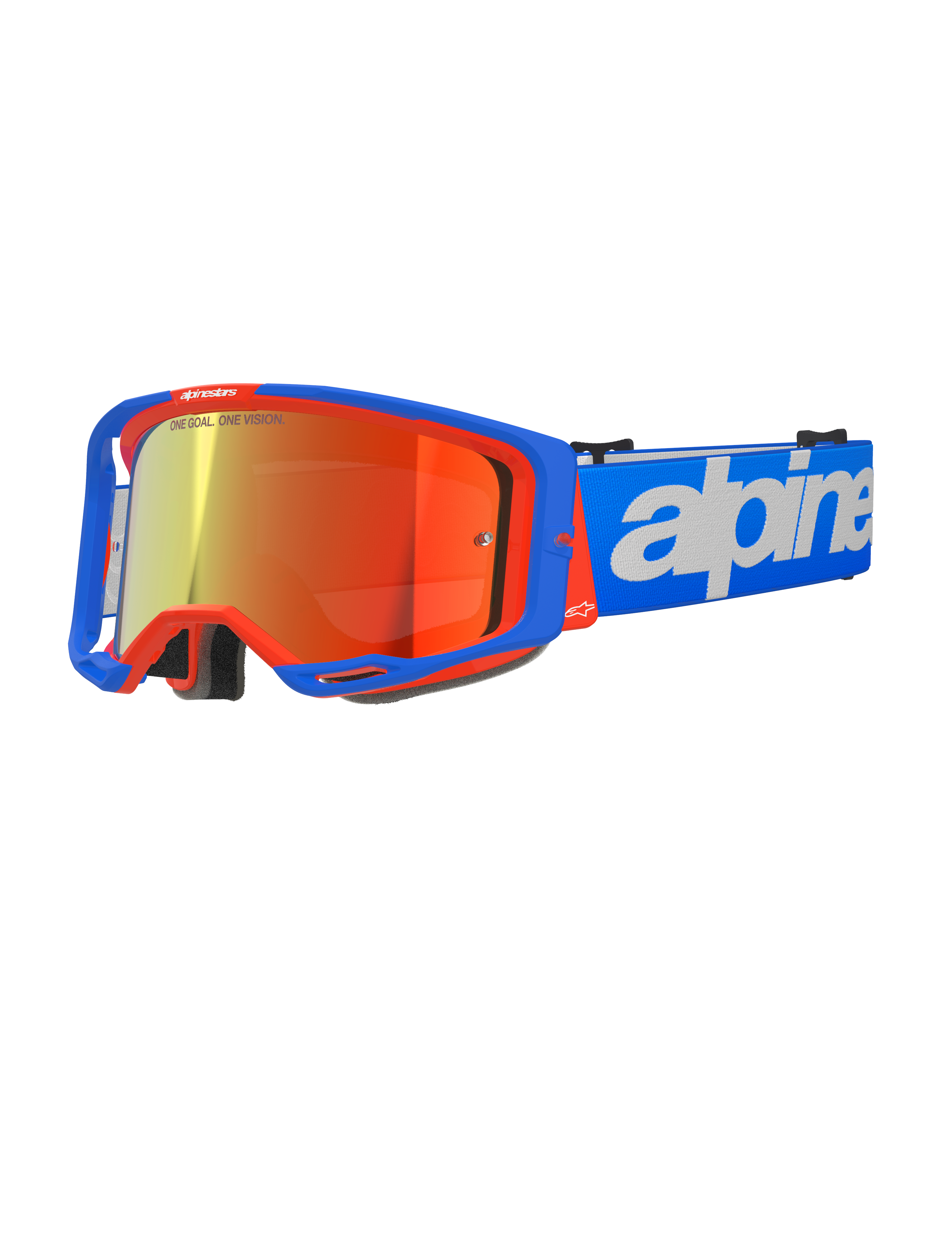 Alpinestars Vision 8 Wordmark Goggles, Motocross Goggles, Blue and Orange with Red Mirror Lens, wide field of view, blue adjustable strap with bold white wordmark, foam padding and ventilation for off-road riding