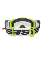 Alpinestars Vision 8 Wordmark Goggles Roll Off, Motocross-Brille, Weiß und Neongelb, Rückansicht mit weißem Band, schwarzem Schriftzug, neongelben Schnallen, schwarzem 3D-geformtem Gesichtsschaum und integrierten Roll-Off-Behältern