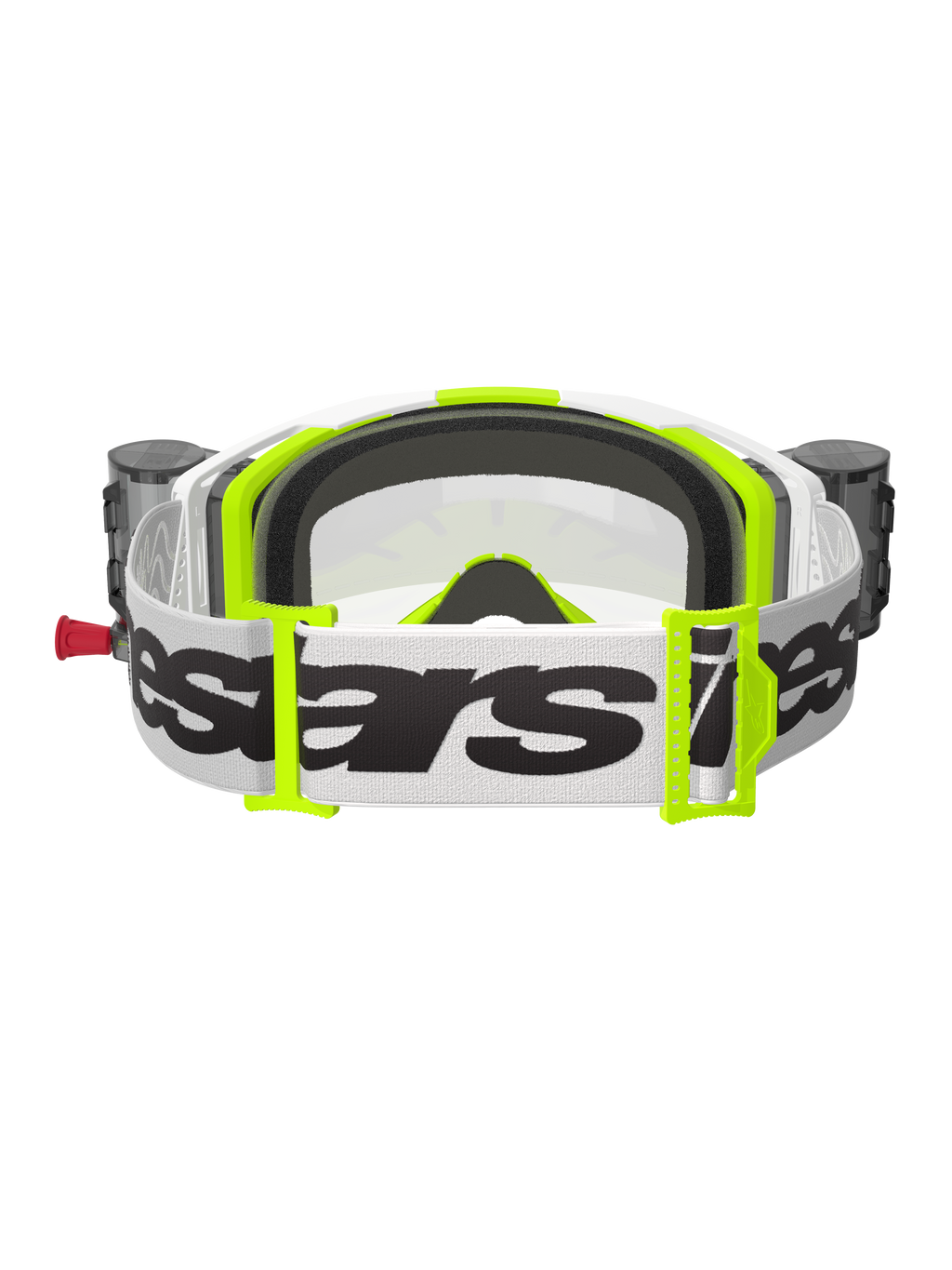 Alpinestars Vision 8 Wordmark Brille, Rückansicht, Weiß und Gelb Fluo, mit integriertem Roll-Off-System und Behältern, breites weißes gewebtes Band mit schwarzem Alpinestars-Logo, 3D-geformter Gesichtsschaum und klare Scheibe