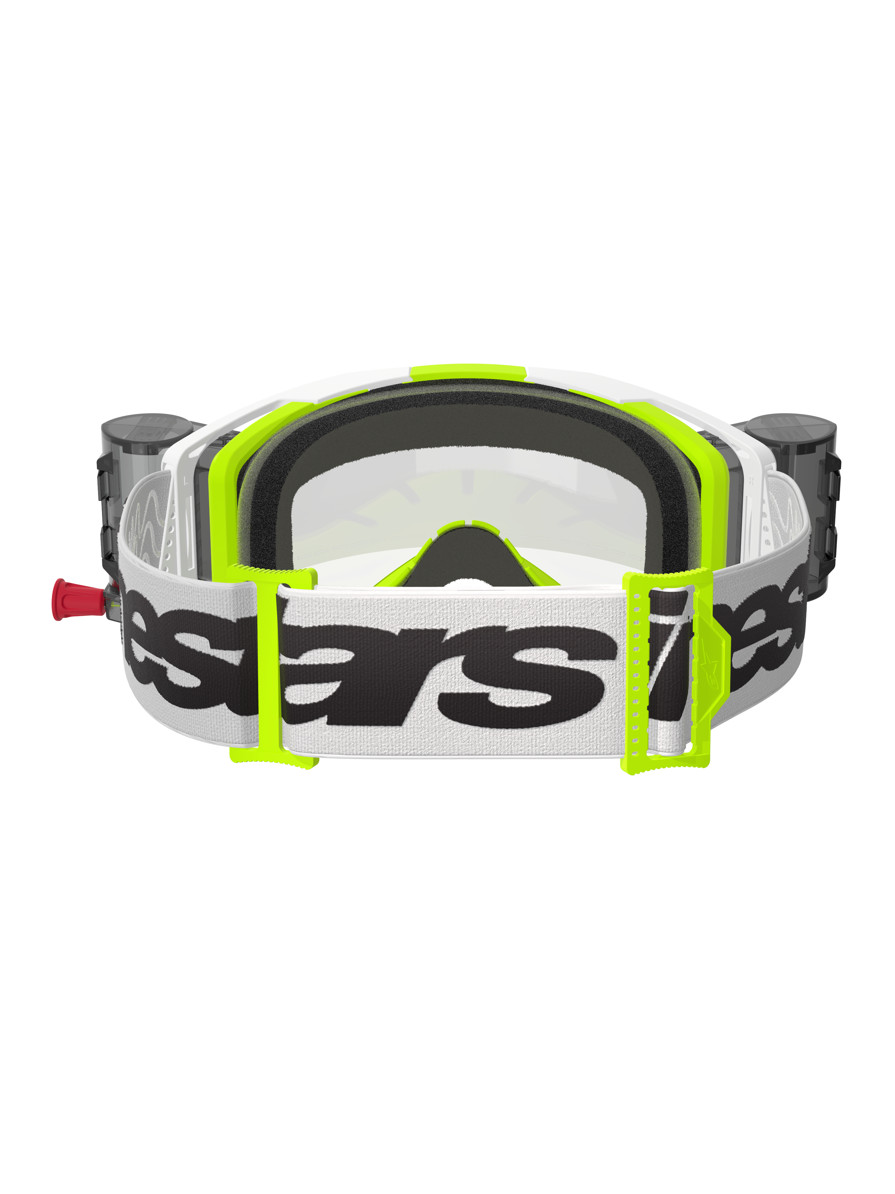 Alpinestars Vision 8 Wordmark Brille, Rückansicht, Weiß und Gelb Fluo, mit integriertem Roll-Off-System und Behältern, breites weißes gewebtes Band mit schwarzem Alpinestars-Logo, 3D-geformter Gesichtsschaum und klare Scheibe