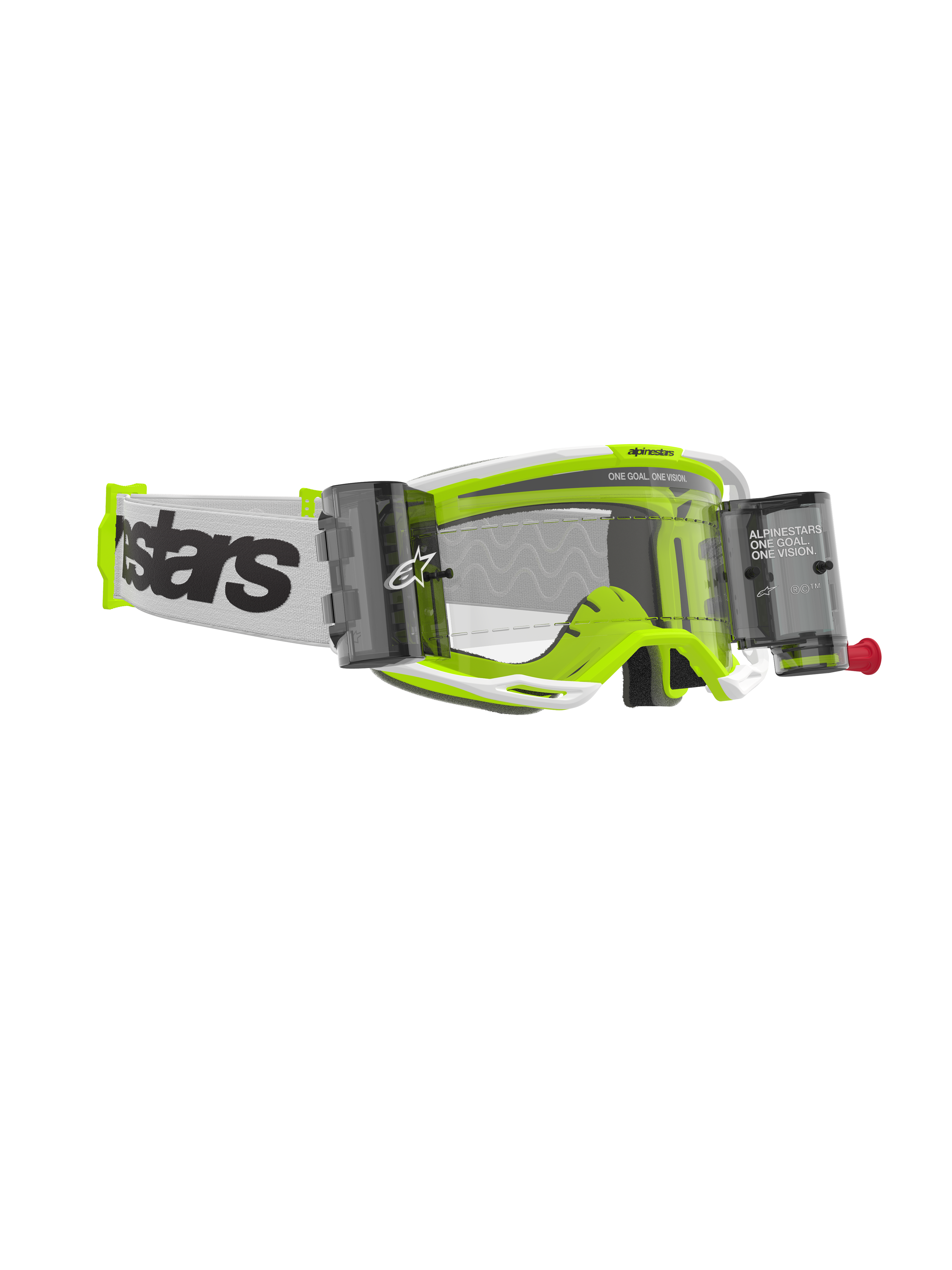 Alpinestars Vision 8 Wordmark Roll-Off Brille, Motocross-Brille, Rahmen in Weiß und fluoreszierendem Gelb, klare Linse mit integrierten Roll-Off-Behältern, weißes gewebtes Brillenband mit markantem schwarzem Branding, Hochleistungs-Offroad-Brille.