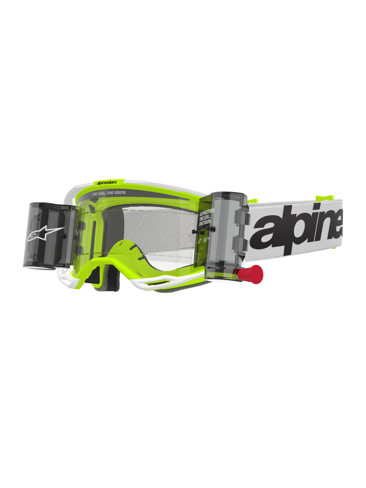 Alpinestars Vision 8 Wordmark Roll-Off Brille, Motocross-Brille, Weiß und Neongelb, klare Linse mit Roll-Off-System, weißes Band mit schwarzem Alpinestars-Schriftzug, rote Zuglasche, professioneller Augenschutz für den Offroad-Rennsport