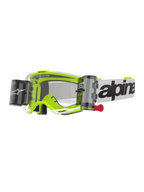 Alpinestars Vision 8 Wordmark Roll-Off Brille, Motocross-Brille, Weiß und Neongelb, klare Linse mit Roll-Off-System, weißes Band mit schwarzem Alpinestars-Schriftzug, rote Zuglasche, professioneller Augenschutz für den Offroad-Rennsport