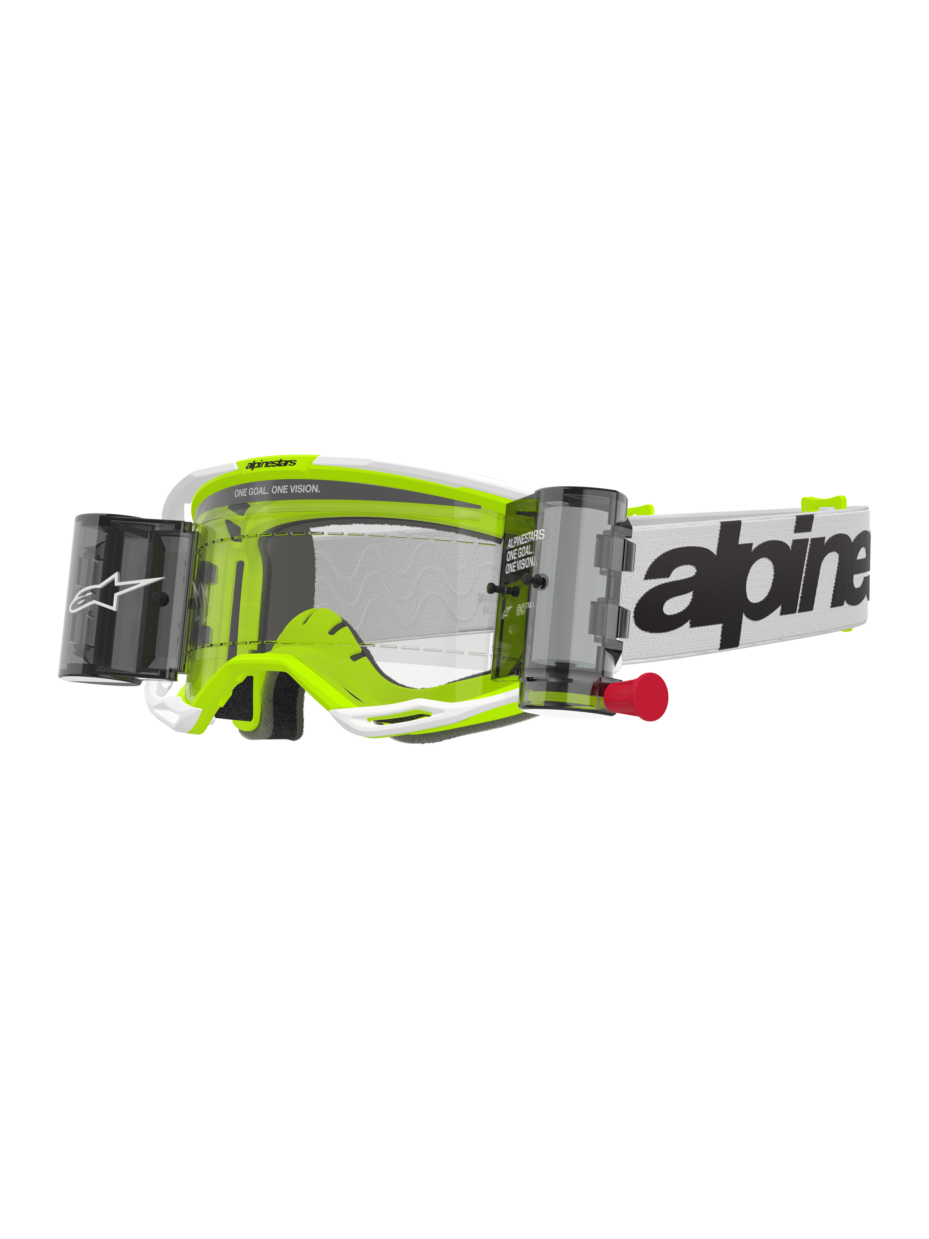 Alpinestars Vision 8 Wordmark Roll-Off Brille, Motocross-Brille, Weiß und Neongelb, klare Linse mit Roll-Off-System, weißes Band mit schwarzem Alpinestars-Schriftzug, rote Zuglasche, professioneller Augenschutz für den Offroad-Rennsport