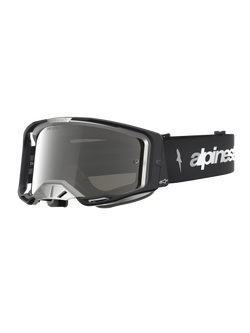 Alpinestars Vision 8 Amber Mirror Motocross Goggles in black and silver, with flexible A-FLEX frame and mirror lens.