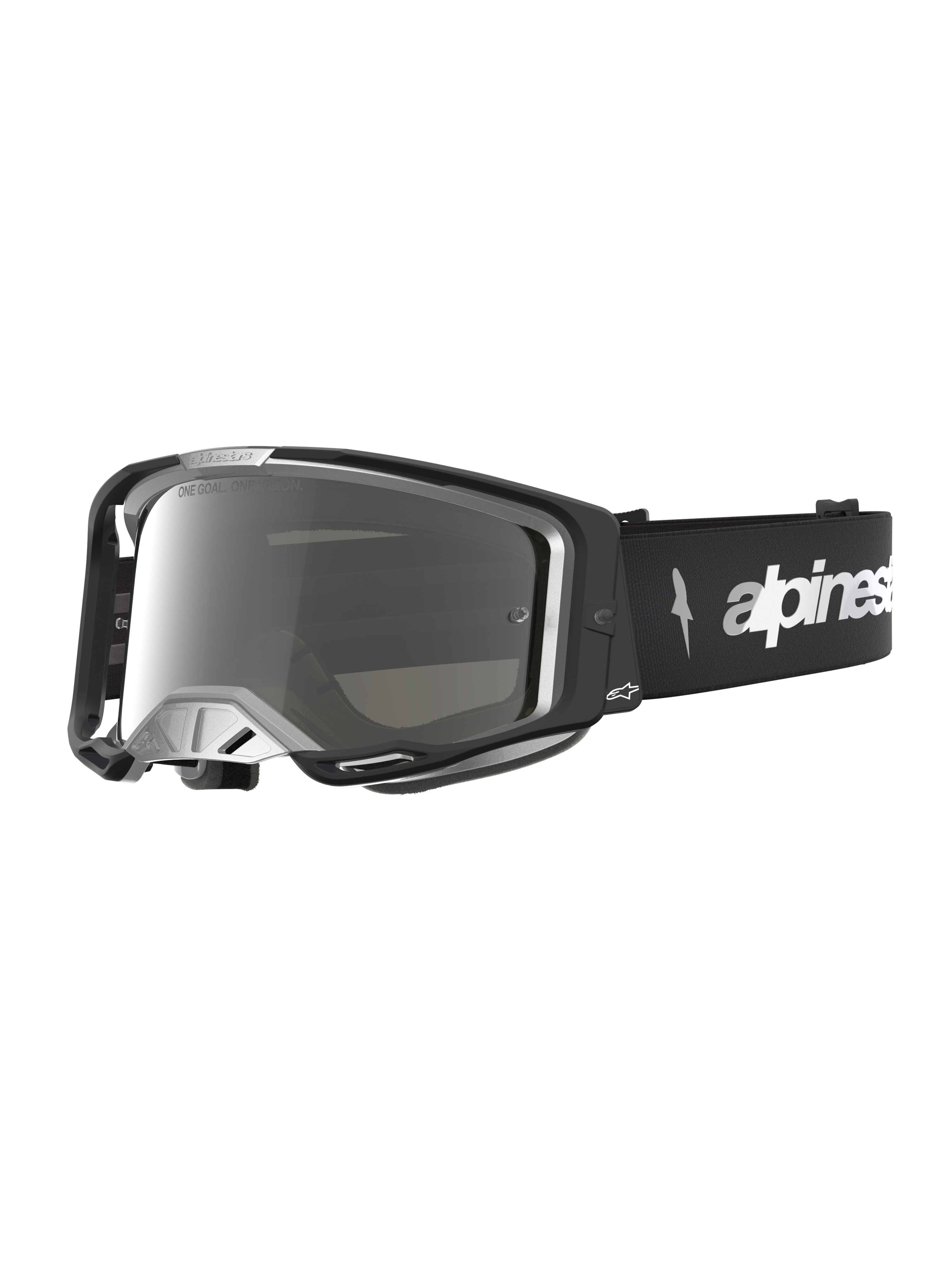 Alpinestars Vision 8 Schutzbrille Amber Mirror, Motocross-Brille, Schwarz und Silber, verspiegelte Scheibe.
