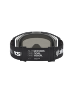 Alpinestars Vision 8 Amber Mirror Goggles, black and silver motocross goggles with a wide logo-print strap and mirror lens.
