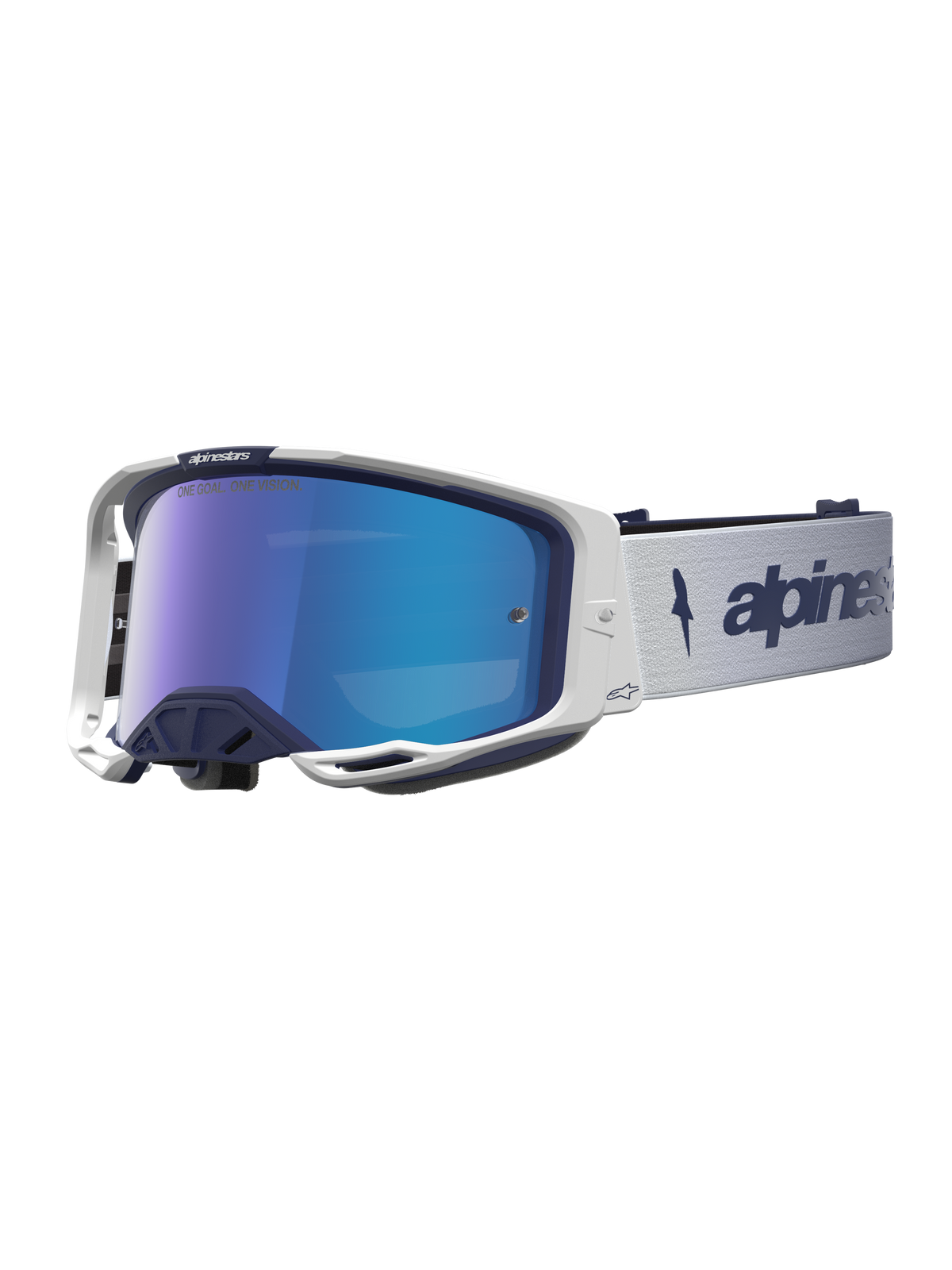 Alpinestars Vision 8 Schutzbrille Amber Mirror, Motocross-Schutzbrille, Dunkelblau und Weiß, mit blau verspiegelter Scheibe, A-FLEX-Rahmen und RAM-AIR-Belüftungssystem.